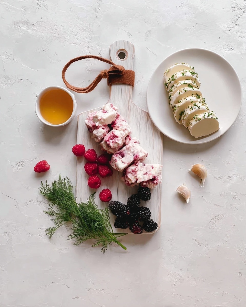 The image shows a white wooden cutting board with a twisted brown leather loop at the handle, holding a pink and white ice cream bar with chunks, partially sliced into uneven pieces revealing the creamy texture inside. Next to the ice cream pieces are six fresh red raspberries, and below the board are three dark blackberries. To the left, there is a small white bowl filled with golden honey. Above and to the right, a white round plate with several slices of creamy white cheese with a green herb layer on one side, arranged in a slightly curved line, and some fresh green dill sprigs placed next to it. Scattered near the plate are three peeled garlic cloves. The surface is a white marbled texture. photo taken with an iphone --ar 4:5 --v 7