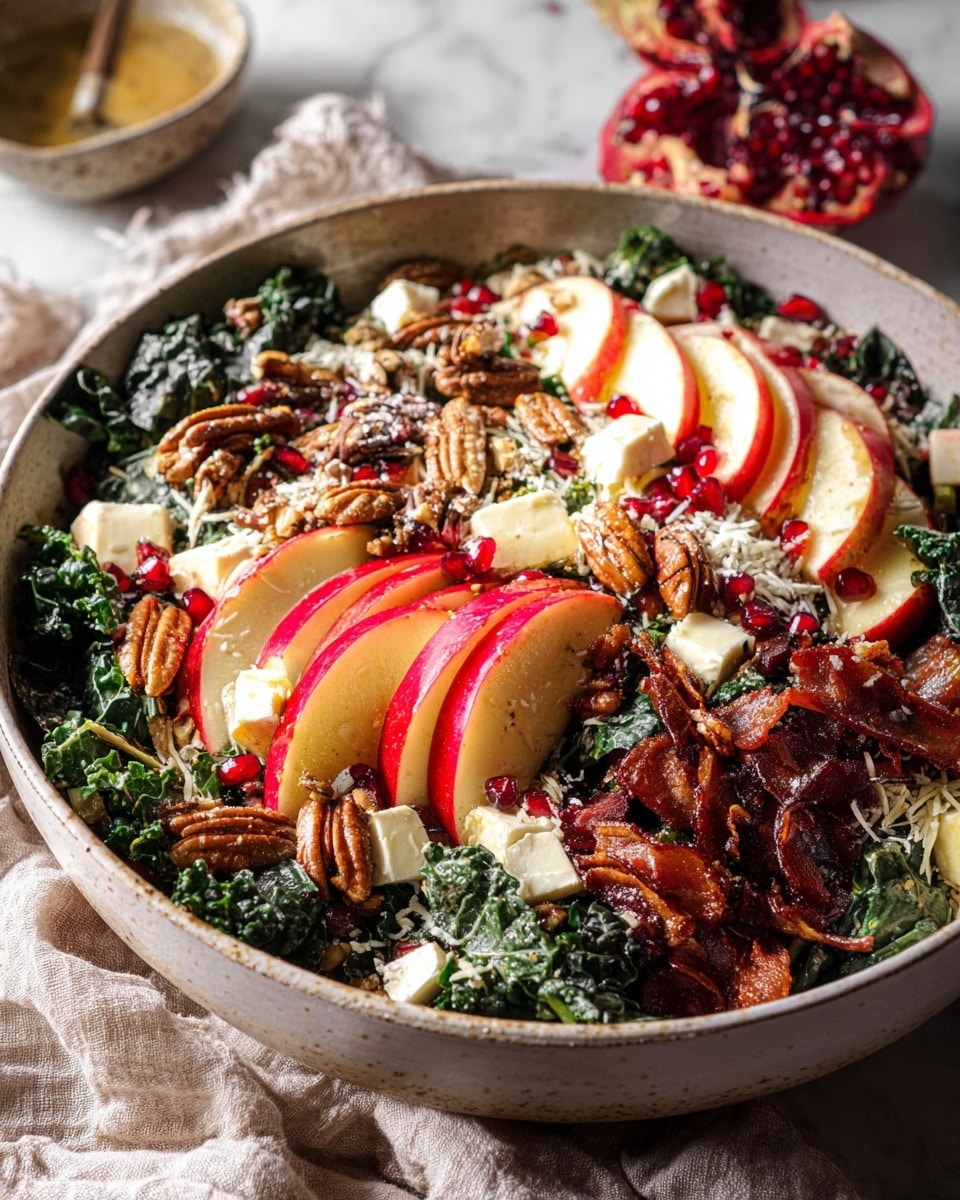 A large white bowl filled with a colorful salad sits on a white marbled textured surface with a soft cloth draped nearby. The salad has several layers, starting with a base of dark green kale leaves. On top, there are thin slices of red apples arranged in neat piles with glossy red skin and white flesh. Scattered among the apples are small white chunks of soft cheese with creamy texture. Tiny red pomegranate seeds add bright pops of color around the bowl. Crisp toasted nuts and seeds, including pepitas and pecans, are spread generously over the salad, along with crispy pieces of cooked bacon adding a deep brown crunchy layer. The whole mix is lightly sprinkled with grated cheese and a drizzle of dressing is visible on top, giving a slight shine to the ingredients. Photo taken with an iphone --ar 4:5 --v 7