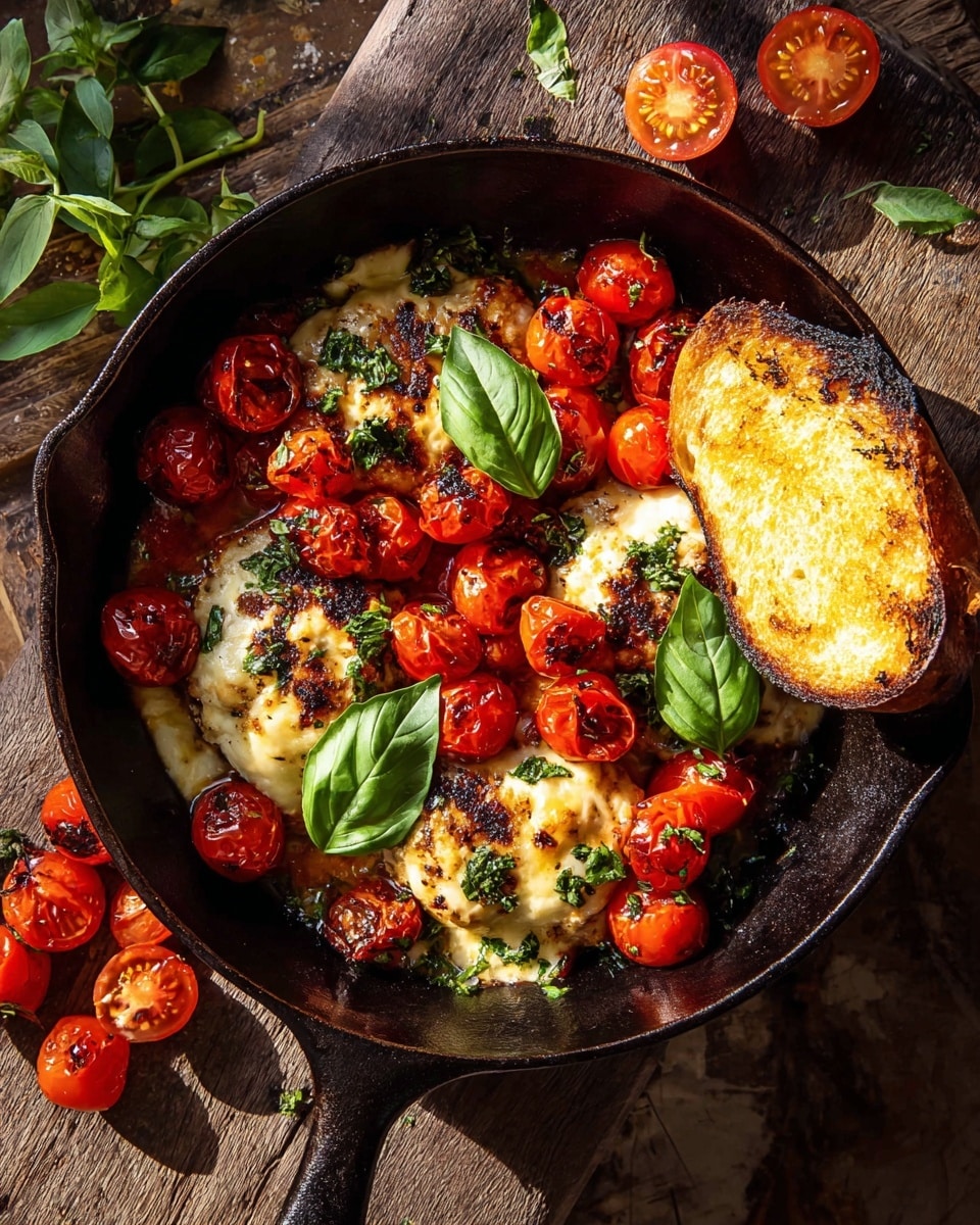 A round black cast iron skillet holds a dish with three main layers: the base layer is grilled chicken patties topped with melted, slightly browned cheese and sprinkled with chopped green herbs. Over the chicken, bright red cherry tomatoes, some halved and some whole, are scattered, showing their juicy interiors and seeds. Fresh green basil leaves are placed on top and around the tomatoes, adding vibrant color and freshness. On the right edge of the skillet, there is a toasted slice of bread with a golden crust. The skillet sits on a rustic wooden surface, and a few tomato halves and basil sprigs are placed nearby. The overall look is warm and inviting, with natural light highlighting the textures and colors. Photo taken with an iphone --ar 4:5 --v 7