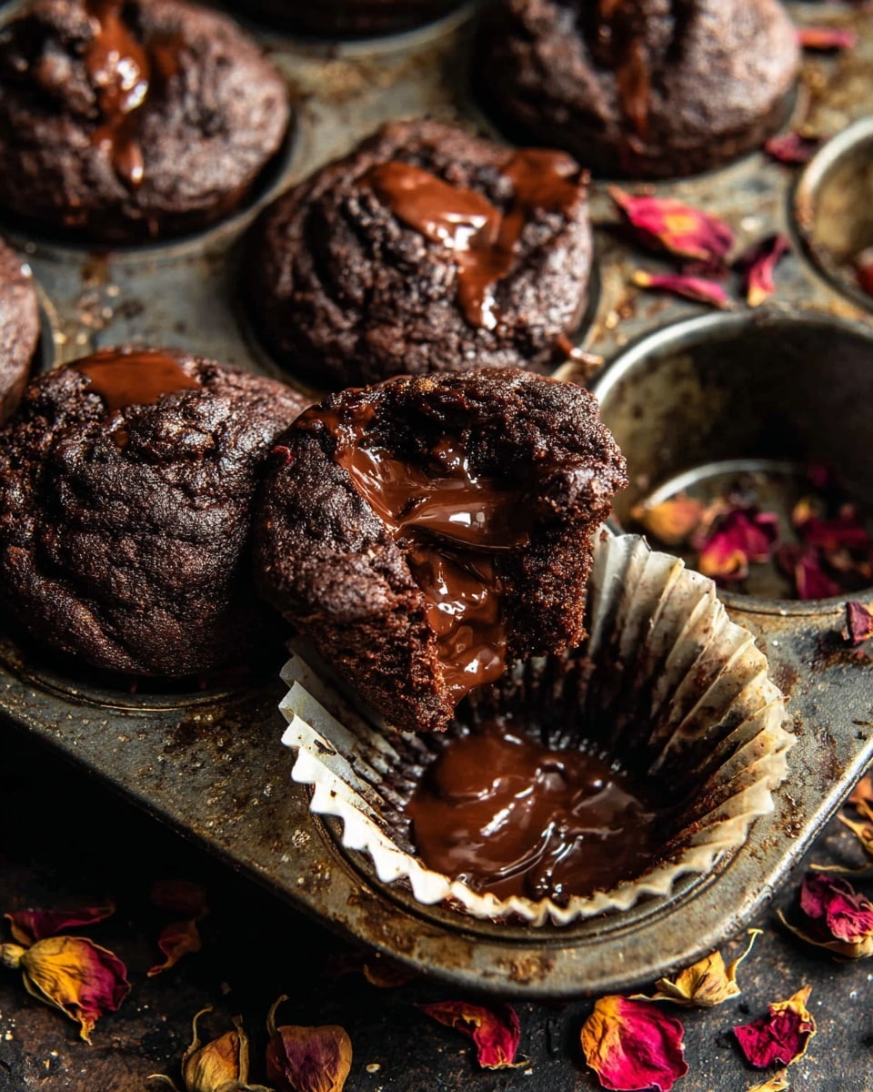 The image shows a close-up of rich, dark chocolate muffins in a rustic muffin tray, with melted chocolate oozing out from the tops and cracks. The muffins have a rough, textured surface and deep brown color. One muffin is partially inside a white fluted paper liner at the bottom, showing gooey melted chocolate. The tray sits on a dark surface scattered with dried flower petals in red and yellow shades. The scene emphasizes the moist and melty texture of the chocolate. Photo taken with an iphone --ar 4:5 --v 7
