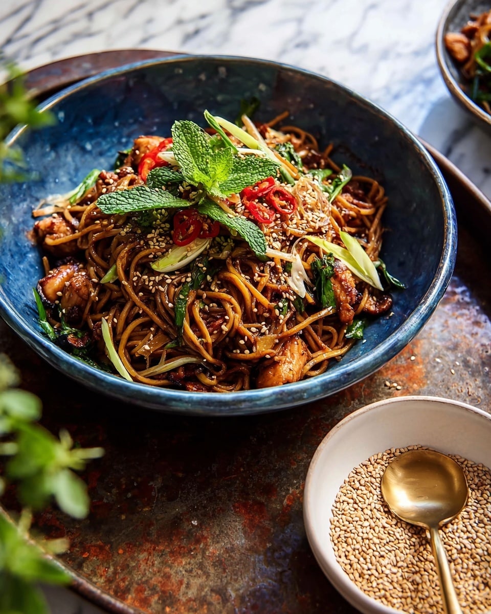 A large blue bowl holds a mix of stir-fried noodles with visible layers including dark brown, glossy noodles tangled with pieces of browned chicken, light green sliced scallions, and thin red chili slices. On top, fresh green mint leaves and sesame seeds are scattered evenly, adding a textured detail. The blue bowl is placed on a dark metal tray with a rustic look, and next to it a white bowl contains more sesame seeds with a small golden spoon inside. The background shows a white marbled surface with some green herbs out of focus. Photo taken with an iphone --ar 4:5 --v 7