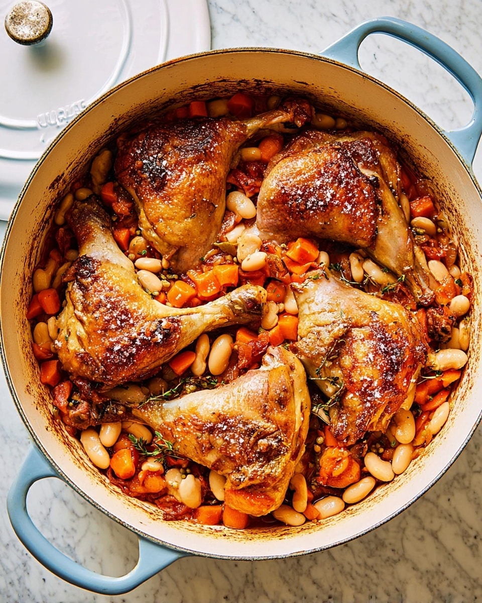 A white round Dutch oven with light blue handles is filled with three large pieces of golden-brown roasted chicken legs, laid on top of a bed of cooked white beans and sliced orange carrots, mixed with small bits of herbs and meat. The chicken skin looks crispy and sprinkled lightly with salt, and the vegetables underneath have a soft, tender texture with some browning from cooking. The pot sits on a white marbled surface and the lid is partially open, showing the warm, hearty meal inside. photo taken with an iphone --ar 4:5 --v 7