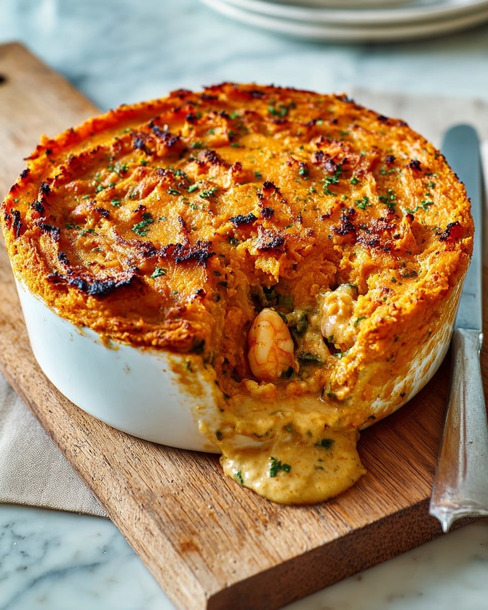 The dish is a round savory pie in a white ceramic dish with an uneven, crispy orange-brown crust made of mashed sweet potatoes. The crust has some charred spots and a rough, rustic texture with fork marks on top. Inside, the filling is creamy and light yellow with visible pieces of shrimp and green herbs, showing a soft and moist contrast to the crust. The pie has some filling spilling over the edge, creating a messy drip down the side of the white dish. The dish sits on a wooden board on a white marbled surface, with a silver knife resting beside it. Photo taken with an iphone --ar 4:5 --v 7