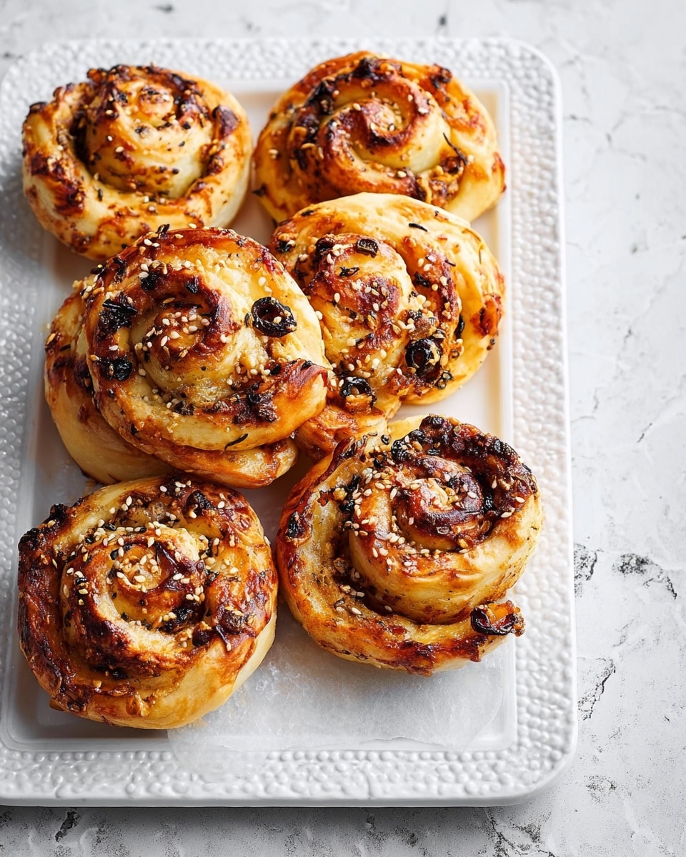 Seven round, twisted rolls with a golden-brown, slightly burnt crust are placed closely on a white rectangular plate with a textured pattern. Each roll has visible layers, with the outer dough showing swirls of a darker filling mixed with melted cheese or sauce that gives a slightly glossy look. Black and white sesame seeds and small bits of what look like black olives are sprinkled unevenly on top, adding texture and contrast. The background is a white marbled surface that highlights the rolls and plate. photo taken with an iphone --ar 4:5 --v 7