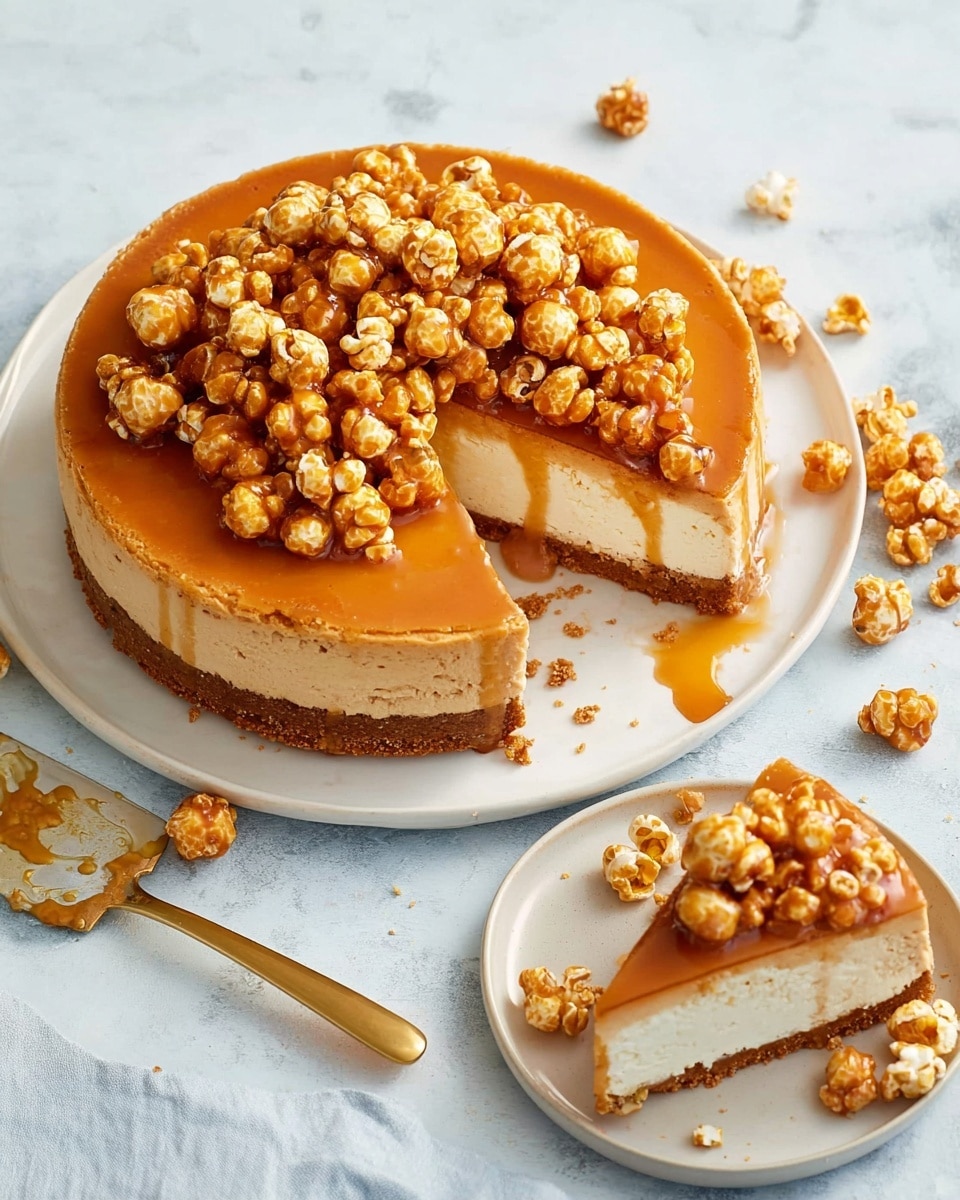 A round, two-layer caramel cheesecake sits on a white plate atop a white marbled surface, with a large slice removed and placed on another white plate nearby. The base layer is a crumbly brown crust, followed by a thick creamy white middle layer, and topped with a smooth, rich caramel-colored cheesecake layer. Generous clusters of caramel popcorn cover the top of the cheesecake, with gooey caramel sauce drizzled all over, creating a shiny, sticky texture. Scattered caramel popcorn pieces also lay around both plates. A gold cake server with some caramel residue rests beside the main plate. Photo taken with an iphone --ar 4:5 --v 7