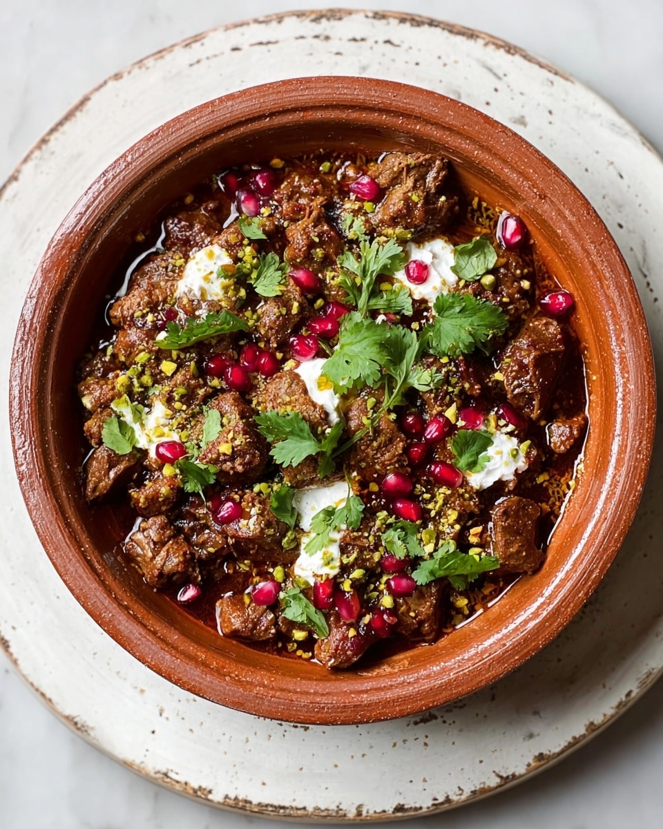 A rustic round clay dish holds a rich, textured stew made of small chunks of brown meat mixed with a dark sauce. The stew is topped with scattered bright red berries and crushed green pistachios, adding pops of color. Light green fresh cilantro leaves are placed on top for a fresh look. Some white yogurt or cream is dotted in the center, creating a contrast with the deeper colors. The dish sits on a large round white plate that has worn paint, resting on a white marbled surface. photo taken with an iphone --ar 4:5 --v 7
