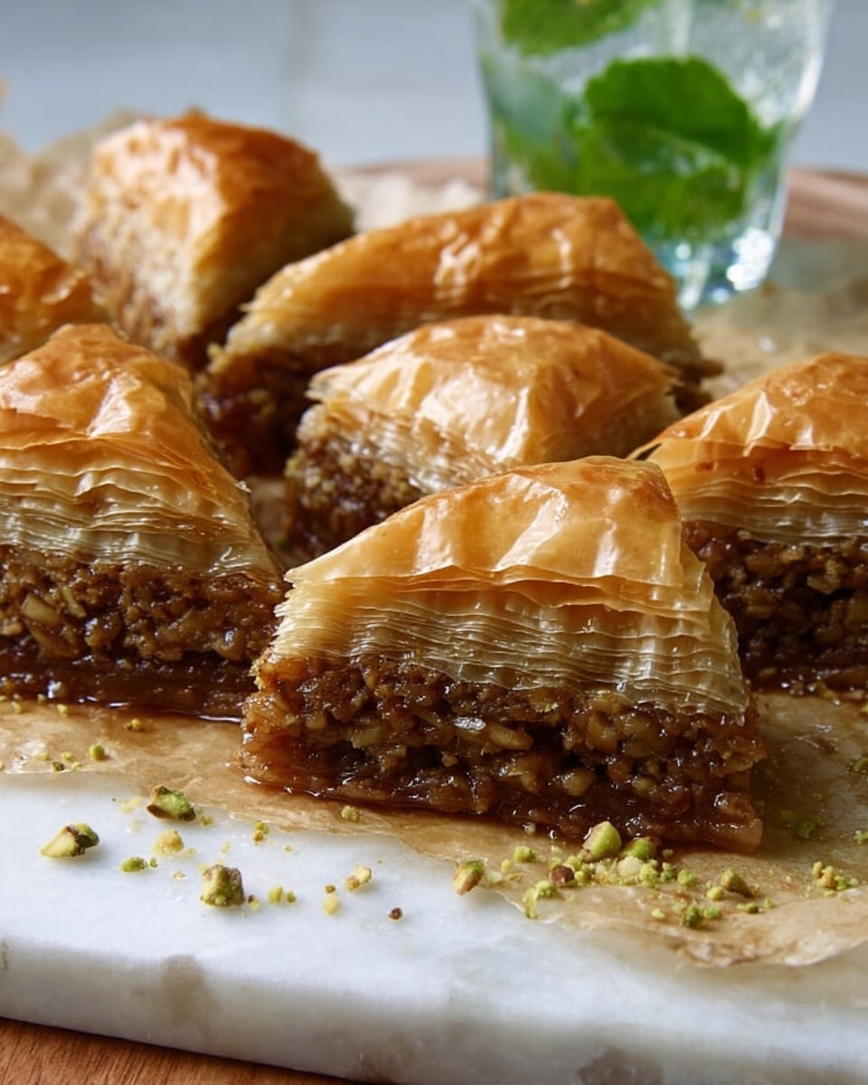 The image shows several pieces of golden brown baklava placed on a white marbled surface lined with parchment paper. Each piece has many thin, crisp, flaky layers of pastry on top, creating a shiny, crinkled texture. Below these layers sits a thick layer of finely chopped nuts, which look moist and sticky with syrup. The baklava pieces are cut into diamond shapes with syrup dripping slightly onto the surface. In the background, there is a glass with green mint leaves and ice, adding a cool contrast to the warm tones of the baklava. photo taken with an iphone --ar 4:5 --v 7