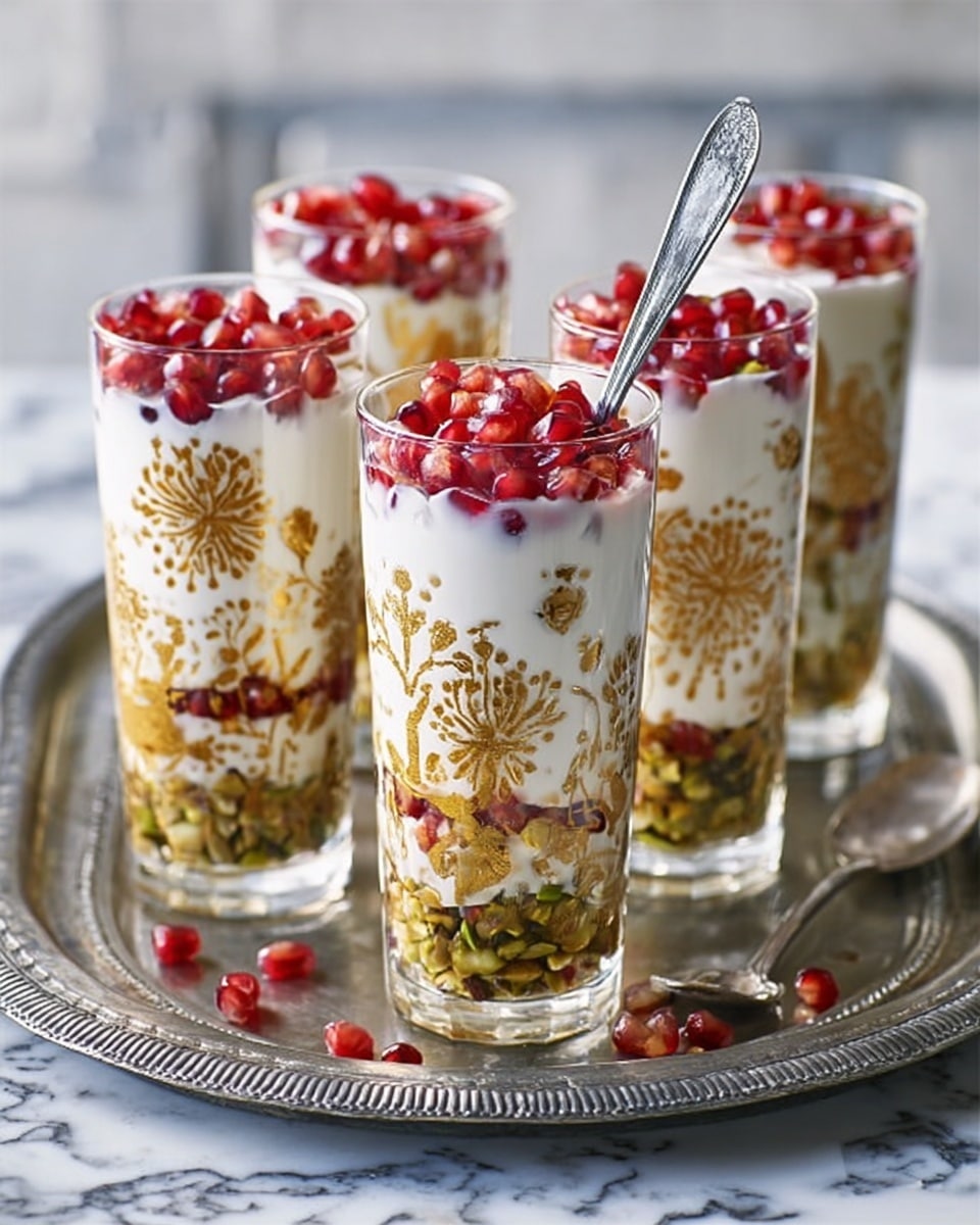 The image shows six tall transparent glasses decorated with gold floral patterns arranged on a metal tray with ornate edges. Each glass has three visible layers: a bottom layer of greenish chopped nuts, a middle layer of creamy white yogurt or cream, and a top layer of bright red pomegranate seeds. One glass has a silver spoon inside it, and the tray is placed on a background with a white marbled texture. The overall look is colorful with a mix of textures from crunchy nuts to smooth cream and juicy seeds. photo taken with an iphone --ar 4:5 --v 7