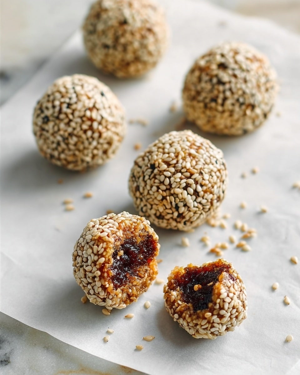 The image shows five round snack balls covered in white sesame seeds placed on a white marbled surface with a sheet of white parchment paper underneath. One ball is broken into two pieces in the foreground, showing a dark brown chewy inside with a sticky texture. The other four balls are whole, evenly coated with sesame seeds, creating a rough texture on the outside. Small sesame seeds are scattered around the balls and on the parchment paper. The photo taken with an iphone --ar 4:5 --v 7