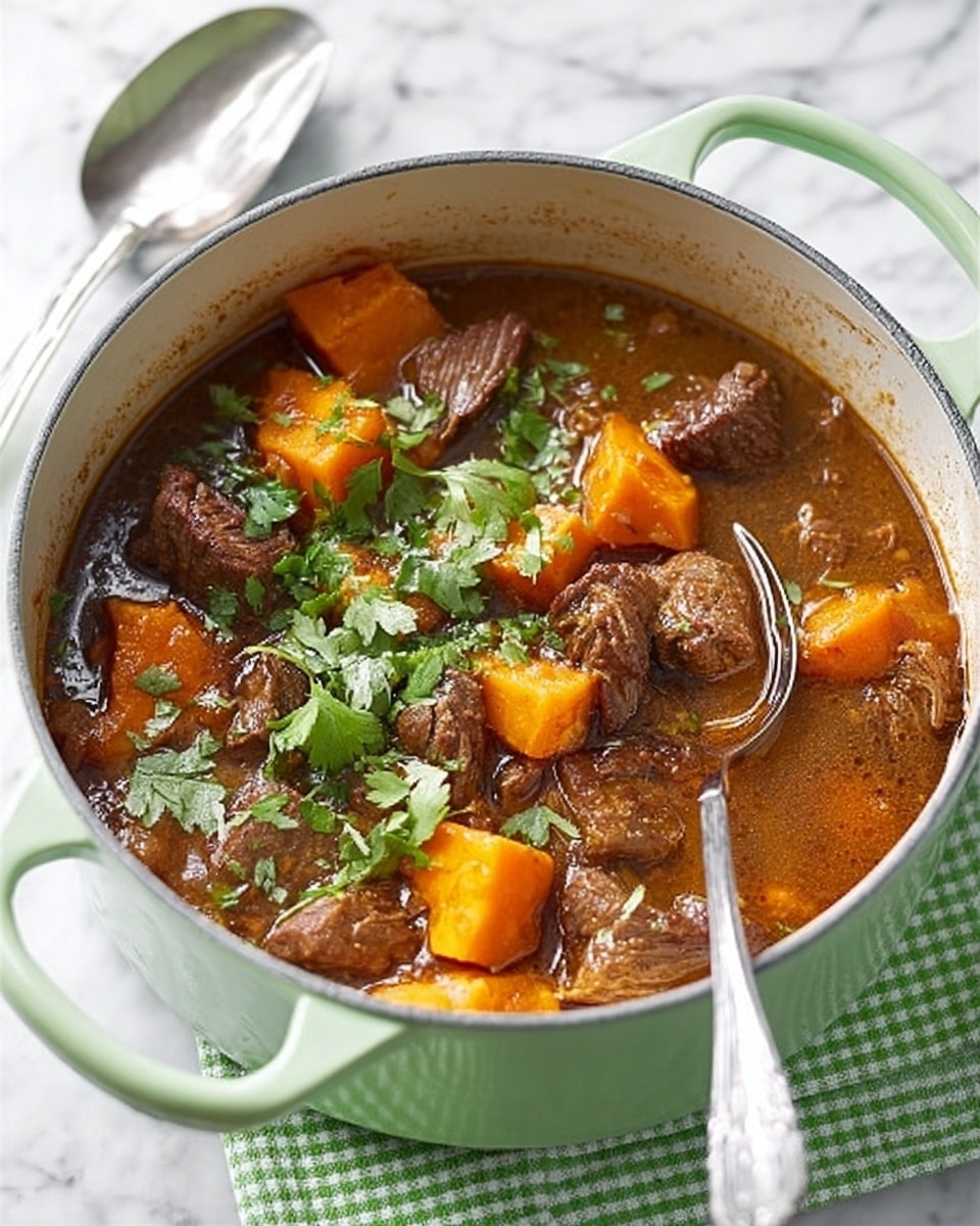 A light green pot filled with stew that shows several layers: at the bottom is a rich brown broth, above it are large orange chunks of sweet potatoes, and scattered throughout are tender pieces of dark brown beef. Fresh green cilantro leaves are sprinkled on top, adding a bright touch. A metal spoon rests inside the pot on the right side. The pot sits on a white marbled surface with a green and white checkered cloth underneath, and a silver spoon is placed on the left side. Photo taken with an iphone --ar 4:5 --v 7