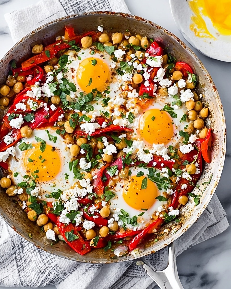 A round white pan filled with a colorful dish that has three cooked eggs with bright yellow yolks and white edges evenly spaced in the middle and right side. The pan is covered with light brown chickpeas, roasted red pepper strips, and crumbled white cheese scattered on top. Fresh green herbs are spread all over, adding a bright touch. The pan rests on a white striped cloth, placed on a white marbled surface. To the right, there is a partial view of a white plate with some yellow spread on it. photo taken with an iphone --ar 4:5 --v 7