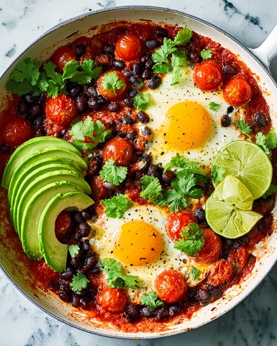 The image shows a white pan filled with two sunny-side-up eggs with bright yellow yolks placed side by side, surrounded by a chunky red tomato sauce mixed with black beans and small whole cherry tomatoes. On one side of the eggs, there are thin slices of fresh green avocado layered neatly, and a lime wedge is tucked near the avocado. The dish is topped with fresh green cilantro leaves scattered all over. The pan sits on a white marbled surface. Photo taken with an iphone --ar 4:5 --v 7
