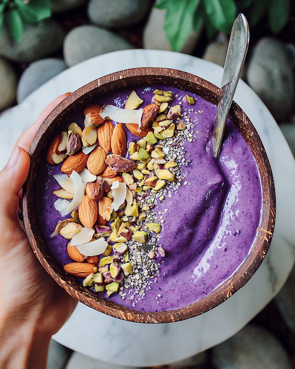 A round wooden bowl holds a smooth, bright purple smoothie base with a creamy texture. On top, a single layer of mixed nuts and seeds decorates the surface, including whole almonds, chopped pistachios, and small crushed seeds, all scattered mainly on one side of the bowl. A silver spoon rests on the edge, partially in the smoothie. The bowl is held by a woman's hand above a white marbled surface with some blurred greenery and grey stones in the background. The photo taken with an iphone --ar 4:5 --v 7
