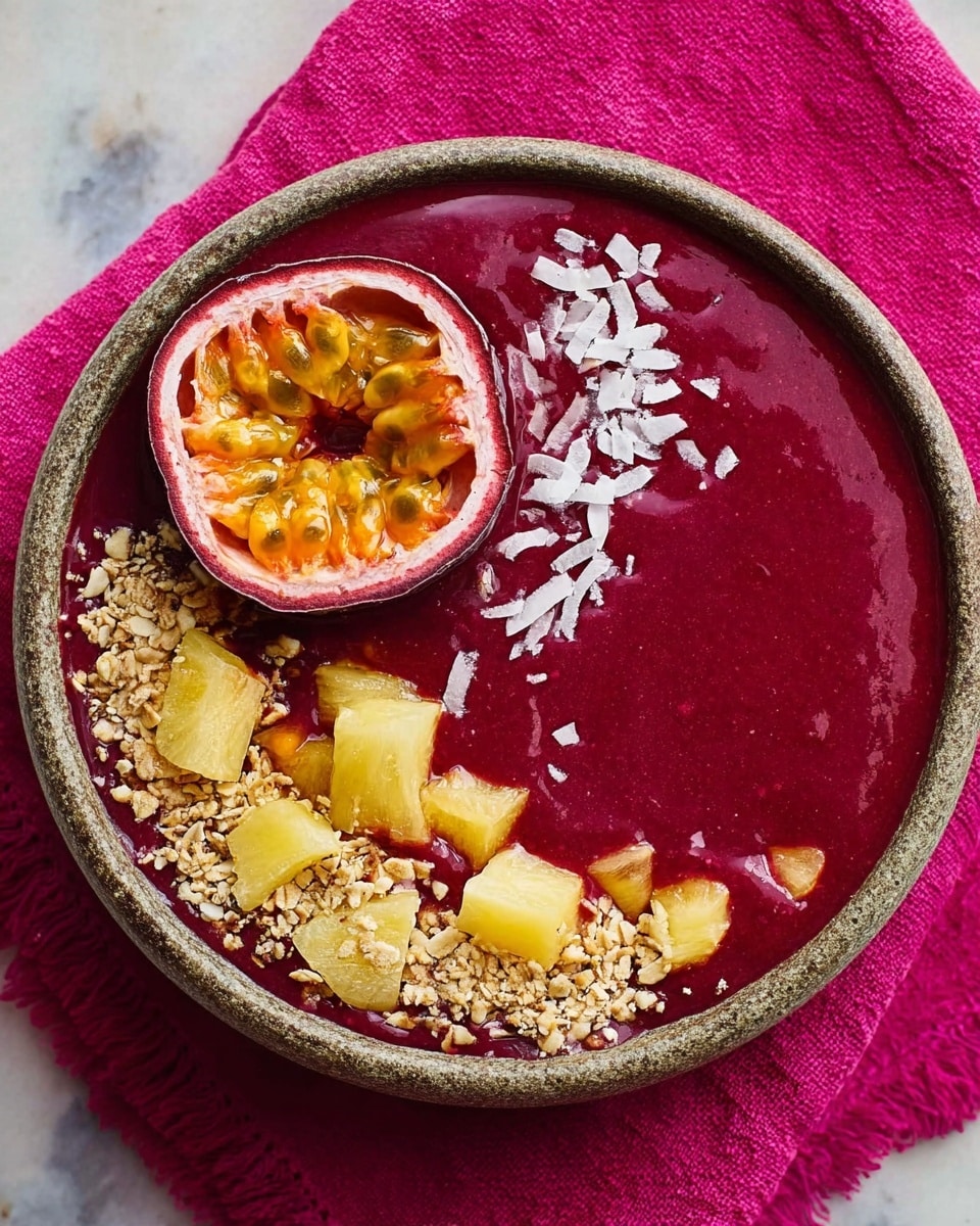 A round bowl filled with a smooth, deep red-purple smoothie base. On top, half a passion fruit with bright orange pulp and small black seeds is placed on the left edge. On the right side, there are small yellow pineapple chunks, scattered white coconut flakes, and some granola sprinkled in a crescent shape along the edge. The bowl sits on a bright pink cloth over a white marbled surface. photo taken with an iphone --ar 4:5 --v 7