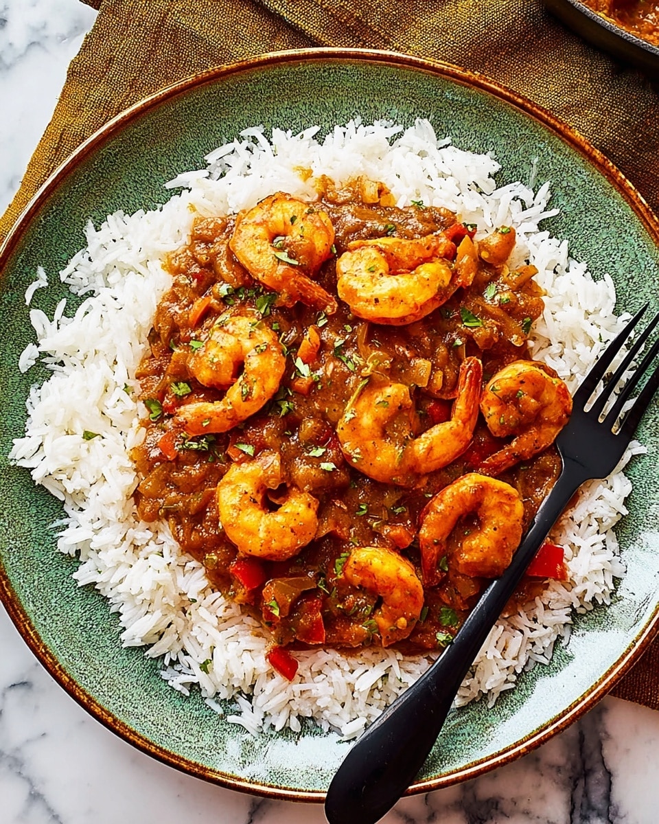 A white plate filled with a layer of fluffy white rice covering the bottom, topped with a thick, brown curry containing shrimp and small pieces of red bell pepper and onion sauce. The shrimp are orange and curved, sitting evenly on top of the rice. A black fork rests on the right side of the plate. The plate is set on a white marbled surface with a greenish-brown cloth nearby photo taken with an iphone --ar 4:5 --v 7