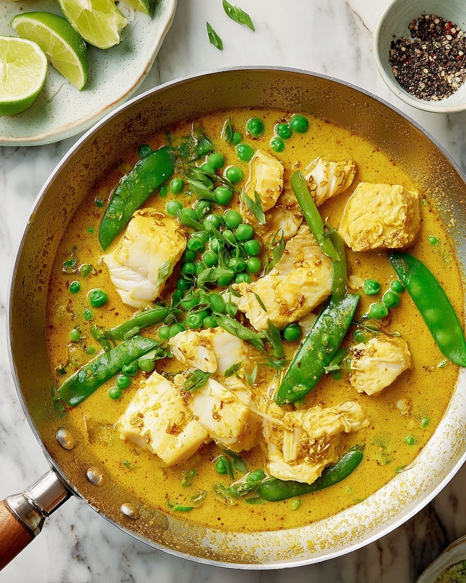 A metal frying pan filled with a creamy yellow curry sauce as the base layer, with chunks of white fish pieces scattered evenly throughout, topped with bright green peas and whole snap peas. The fish has a slightly browned sear on some edges, and the green peas add a fresh, vibrant contrast to the golden sauce. The pan has a few drops of sauce around its edge and sits on a white marbled texture surface. Nearby, a white plate with lime wedges and a small white bowl of cracked black pepper complete the setting. photo taken with an iphone --ar 4:5 --v 7