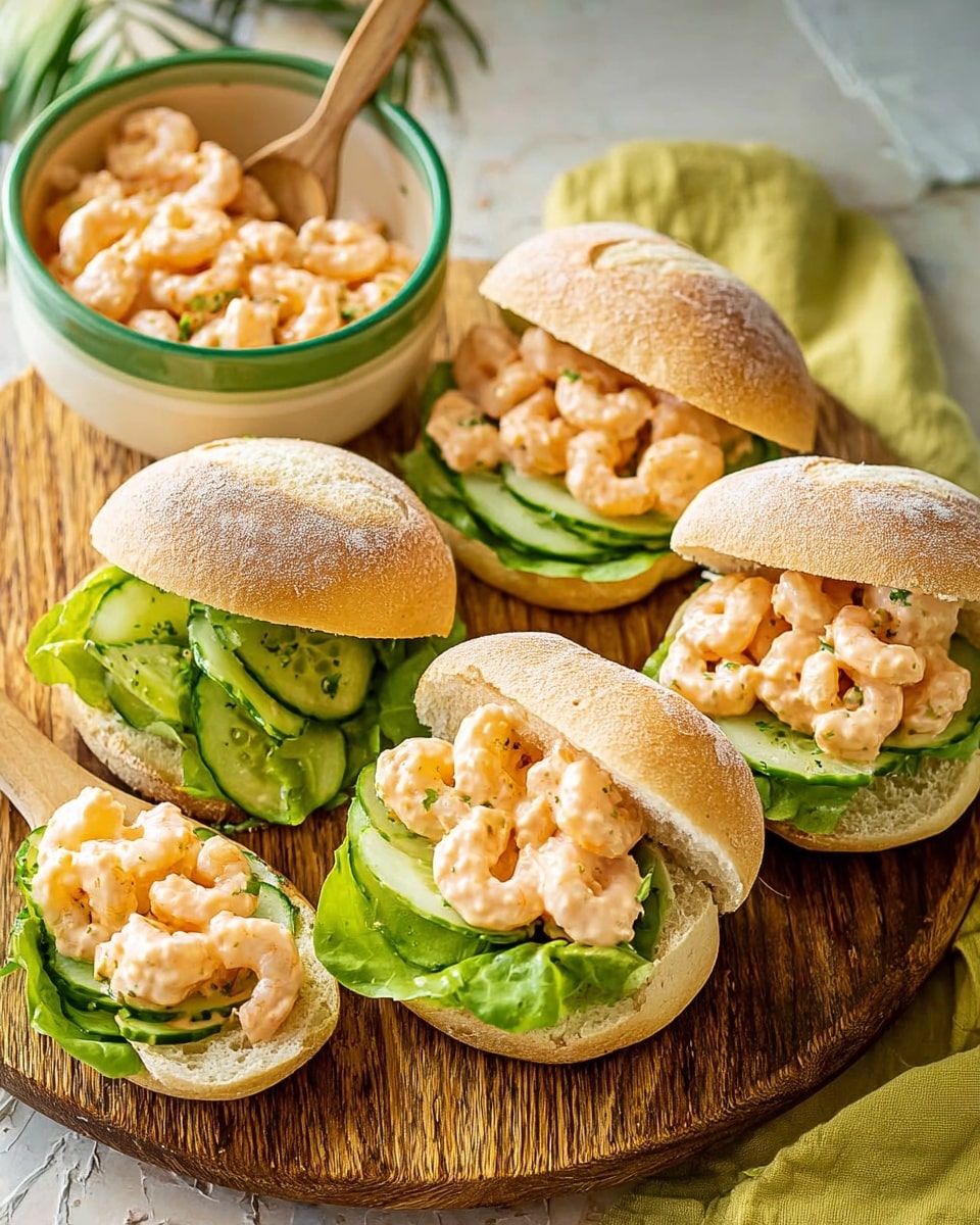 Four shrimp rolls sit arranged on a round wooden board. Each roll has three visible layers: the bottom layer is a soft, light brown bun dusted lightly with flour; the middle layer consists of bright green leafy lettuce and thin, dark green cucumber slices; the top layer is made of small, pink shrimp coated in a creamy, light orange sauce. Next to the rolls is a white bowl with a green rim, filled with more shrimp in the same sauce. A small wooden spoon with shrimp sits on the board below the bowl. Yellow-green napkins are placed under some rolls and to the side, all set on a white marbled textured surface. photo taken with an iphone --ar 4:5 --v 7