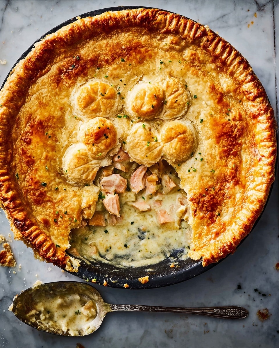A golden brown pie with a thick crust sits in a black pie dish, with a large slice missing, showing a creamy filling with pinkish chunks inside. The pie crust is decorated on top with small round shapes arranged in a cluster near the center. The crust edge is neatly pressed with fork marks all around. The pie dish rests on a dark blue textured surface. Photo taken with an iphone --ar 4:5 --v 7