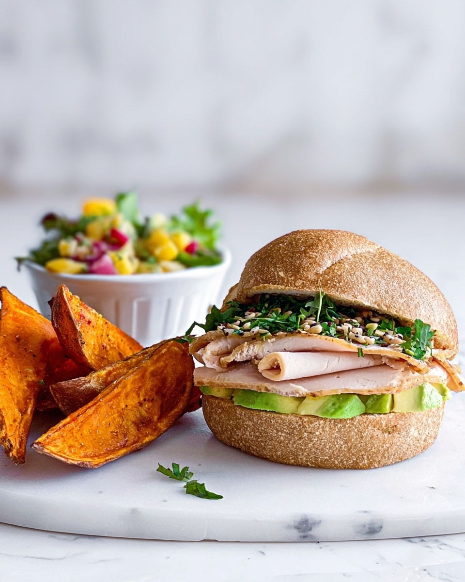 The image shows a sandwich with three visible layers on a white marbled surface: the bottom layer is green avocado slices, the middle layer is pale pink turkey slices, and the top layer is fresh green herbs with some seeds. The sandwich is made with a whole grain bun in a light brown color. To the left of the sandwich are several thick, crispy orange-brown potato wedges leaning on each other. In the background to the right, there is a small white bowl filled with a fresh salad that includes green leaves, yellow pieces, and red bits. Some green herbs are scattered lightly on the surface near the sandwich. Photo taken with an iphone --ar 4:5 --v 7