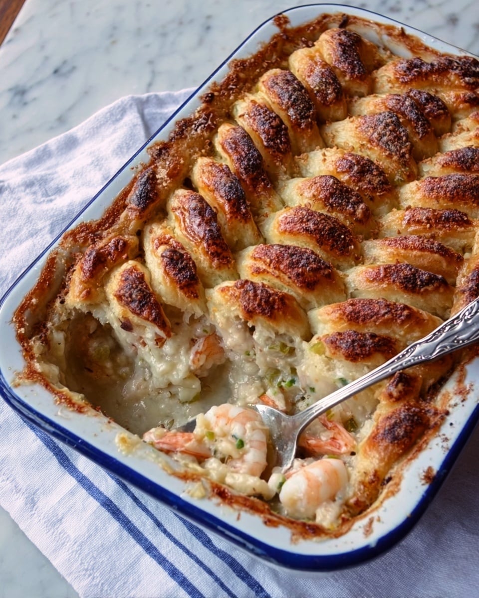 The image shows a rectangular white ceramic baking dish with a blue rim, filled with a baked dish that has a golden-brown braided crust on top. The crust is made of thick, twisted dough strips aligned in rows across the dish, with a slightly burnt, crispy texture. A section of the dish is scooped out, revealing creamy white sauce with pieces of shrimp and green herbs inside. A silver spoon rests in the dish, dipping into the creamy filling. The dish is placed on a white marbled surface with a white cloth that has blue stripes underneath. Photo taken with an iphone --ar 4:5 --v 7