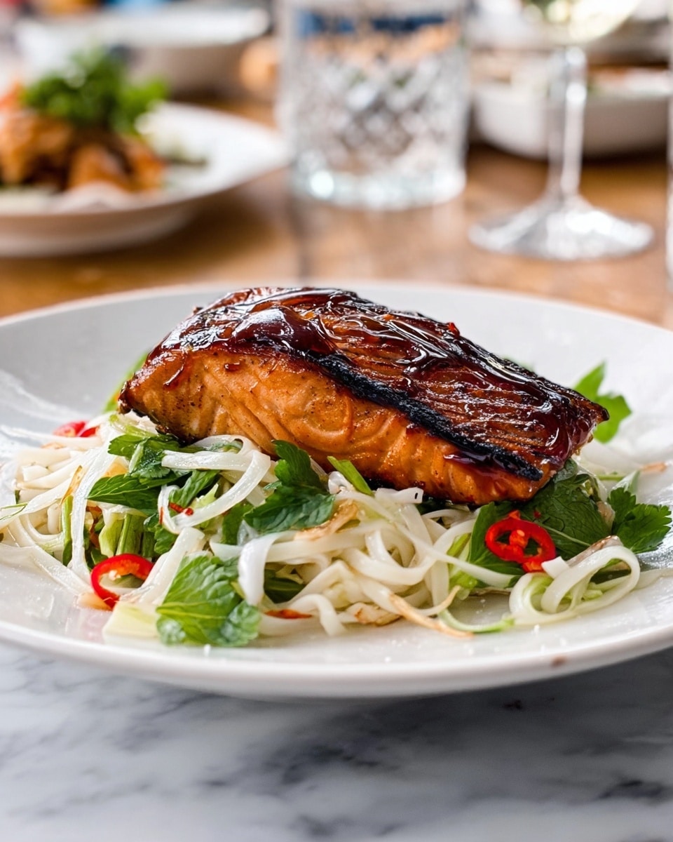 A white plate holds a piece of grilled salmon with a shiny, dark brown glaze on top, slightly charred at the edges. Underneath the salmon is a bed of flat rice noodles mixed with green herbs, white onion slices, and small red chili pieces, giving a fresh and colorful look. The noodles have a light, soft texture, and the herbs add a bright green contrast. The plate is set on a white marbled surface with blurred dishes and glasses in the background. photo taken with an iphone --ar 4:5 --v 7