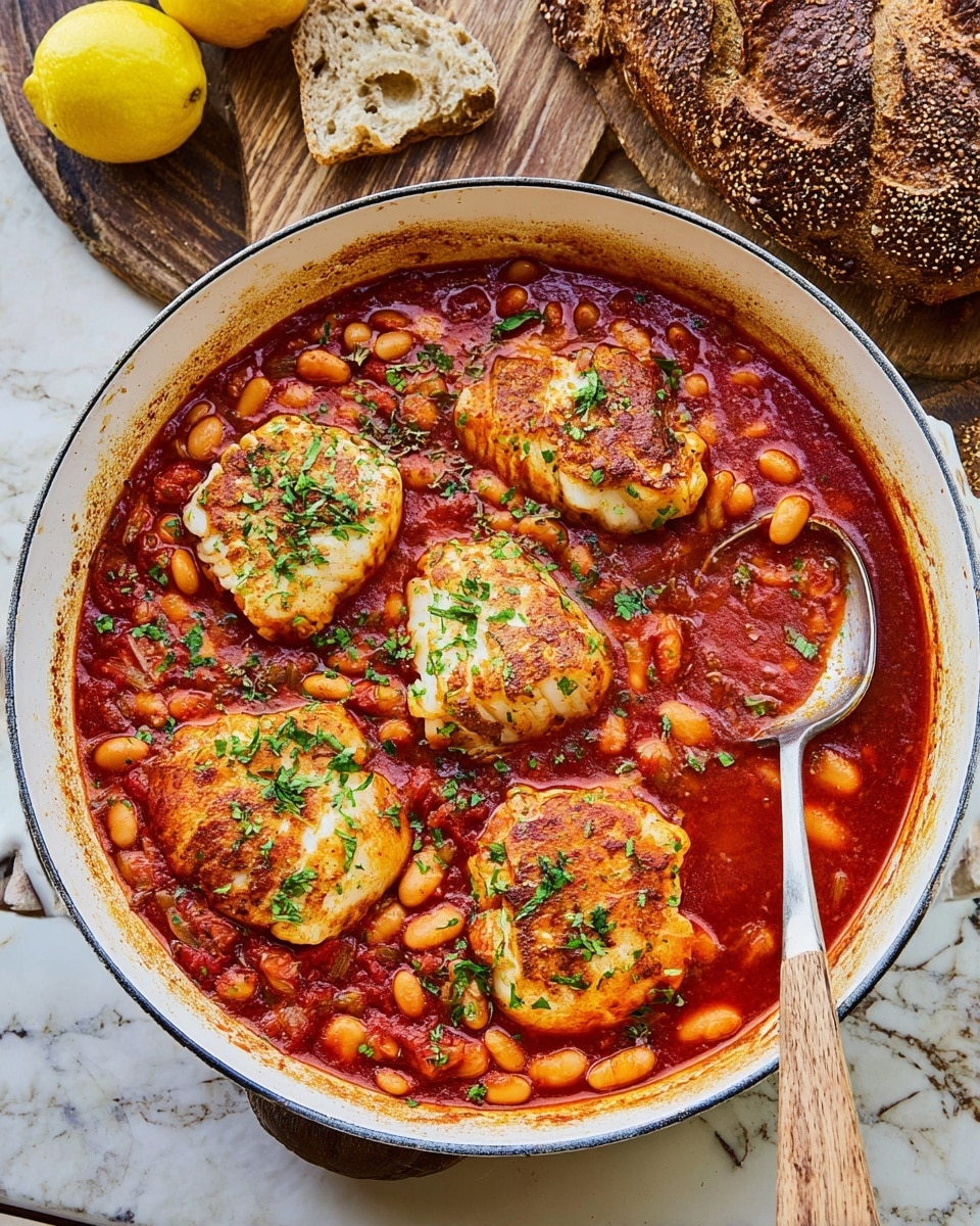 A white pan filled with a rich, red tomato sauce dotted with small white beans, containing five thick, golden brown cooked fish pieces scattered evenly in the sauce, each garnished lightly with chopped green herbs, a wooden spoon resting on the right edge of the pan, and in the background on a white marbled texture surface, there is a wooden board with a rough-textured loaf of bread and two lemon halves. photo taken with an iphone --ar 4:5 --v 7