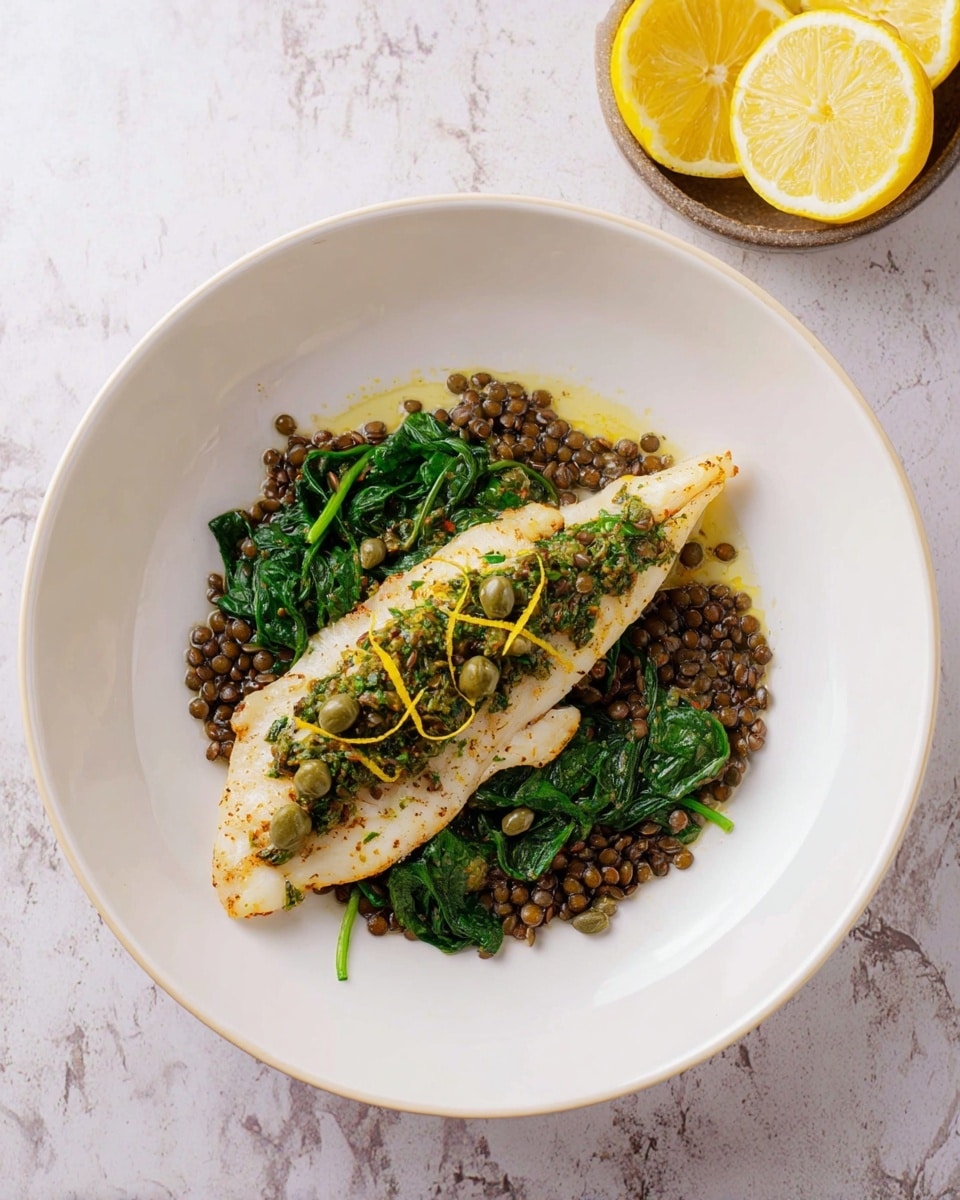A white shallow bowl holds a dish with three layers: the bottom layer is dark green wilted spinach mixed with small dark brown lentils, the middle layer is a single fillet of white fish cooked to a light golden brown on the edges, and the top layer is a green herb sauce with capers and thin yellow lemon zest strips spread over the fish. In the top right corner, there are two halves of a squeezed lemon sitting on a white marbled surface. photo taken with an iphone --ar 4:5 --v 7