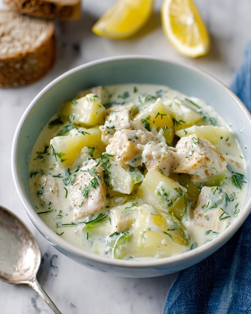 A close-up of a white bowl filled with a creamy stew showing two main layers: the bottom layer is a thick white sauce with green herbs mixed in, and the top layer contains chunks of white fish and soft potatoes with a slightly yellow tint. The bowl sits on a white marbled surface next to two lemon wedges and a piece of brown bread slightly out of focus. A silver spoon is placed near the bowl on the left side. Photo taken with an iphone --ar 4:5 --v 7