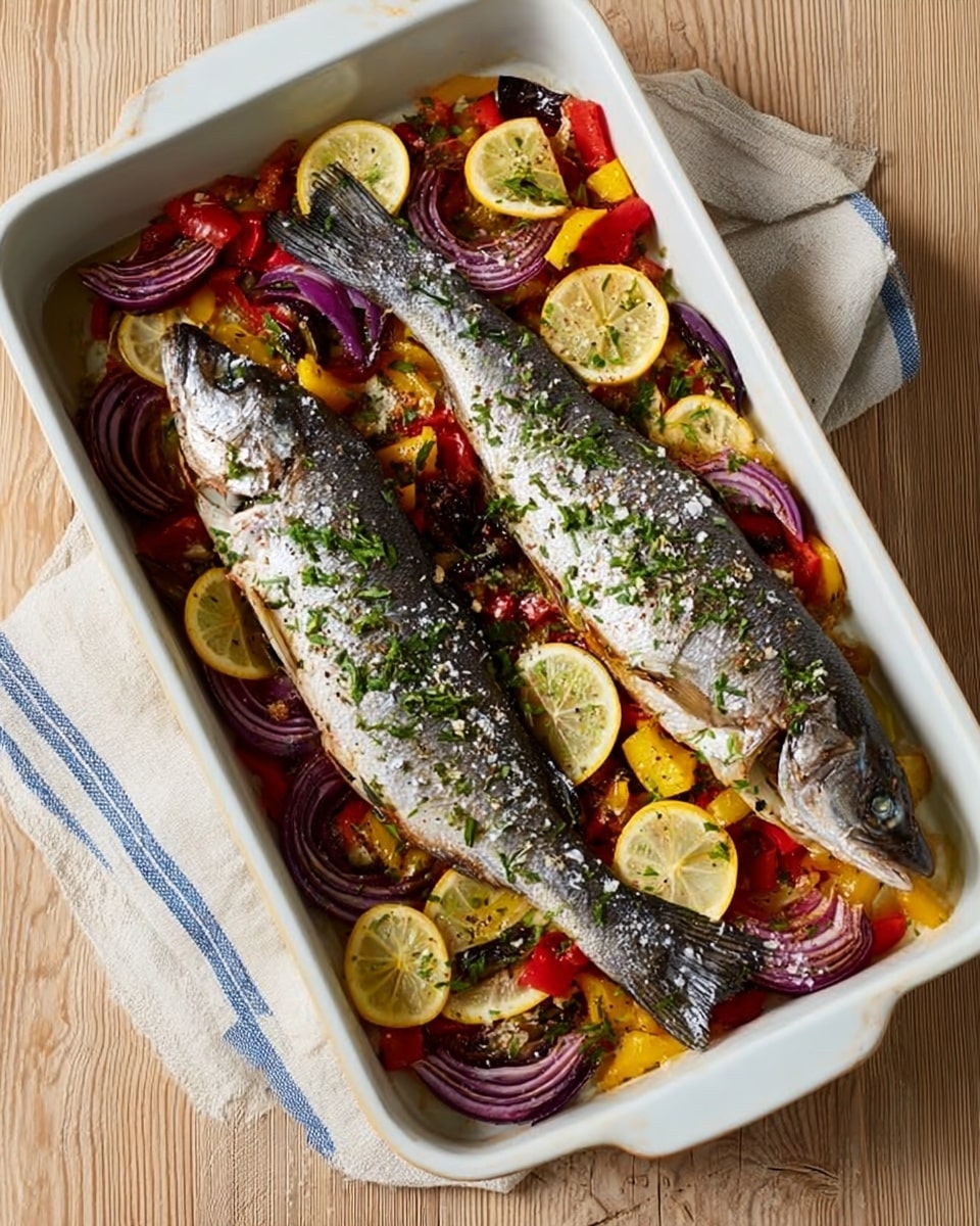 The image shows a white rectangular baking dish with two whole cooked fish placed side by side on top of a bed of colorful roasted vegetables. The vegetables include slices of lemon, red onion rings, and chunks of red and yellow bell peppers, all mixed and spread evenly across the bottom of the dish. The fish have a slightly crispy skin with green herbs sprinkled on top, and some coarse salt is visible. The dish is resting on a light wooden surface with a cream-colored cloth that has blue stripes partly under the dish. The overall scene is bright and rustic with simple, natural lighting. photo taken with an iphone --ar 4:5 --v 7