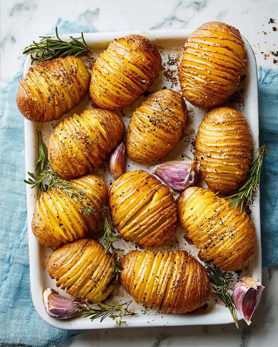 A white tray holds eleven golden-brown hasselback potatoes, each sliced thinly almost to the base, creating many thin layers that fan slightly apart. The potato slices show a crispy texture with a sprinkle of black pepper and coarse salt on top. Among the potatoes, there are dark green sprigs of rosemary and several purple garlic cloves with papery skins, adding contrast and color. The tray rests on a soft, blue cloth over a white marbled surface, highlighting the warm colors of the potatoes and herbs. Photo taken with an iphone --ar 4:5 --v 7