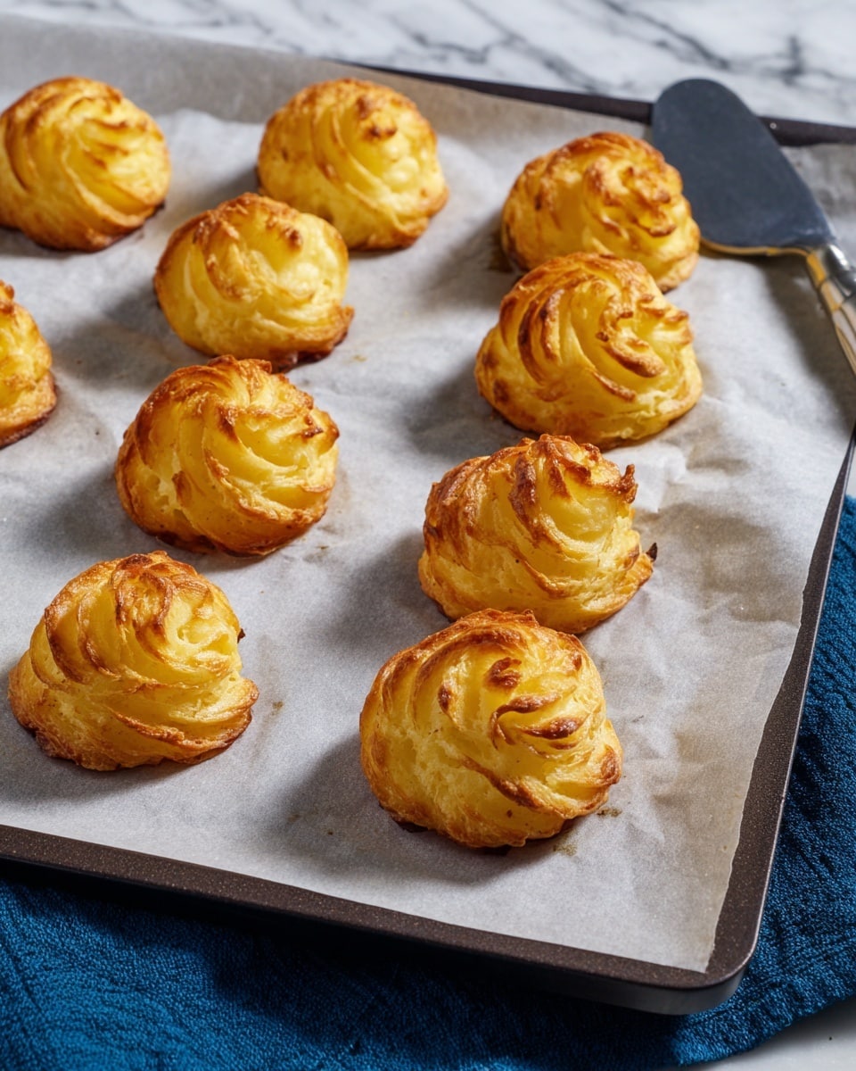 The image shows ten small golden brown duchess potatoes sitting on a sheet of white parchment paper that covers a dark baking tray. Each potato has a swirl texture with light to medium brown edges from baking, and the surface looks crisp but soft inside. The tray is placed on a white marbled texture surface with a navy blue cloth partially visible to the side. A silver spatula is placed on the right edge of the baking tray. The overall look is warm, freshly baked, and inviting. photo taken with an iphone --ar 4:5 --v 7