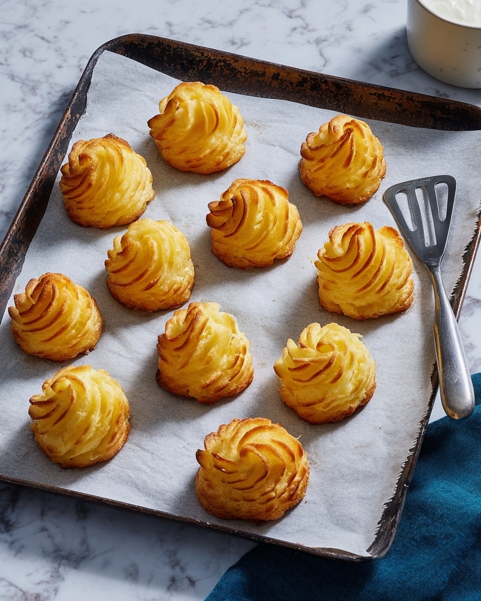 The image shows a baking tray lined with white parchment paper holding ten small, golden-brown duchess potatoes arranged in a grid. Each potato has a soft, swirled texture with browned ridges on the top and sides, forming a slightly crispy outer layer. The baking tray is dark metal with a worn look, placed on a white marbled surface. To the right side of the tray, there is a metal spatula with a simple design resting partially on the parchment. Part of a white bowl and a dark blue cloth are subtly visible on the top right corner, adding depth to the scene. Photo taken with an iphone --ar 4:5 --v 7