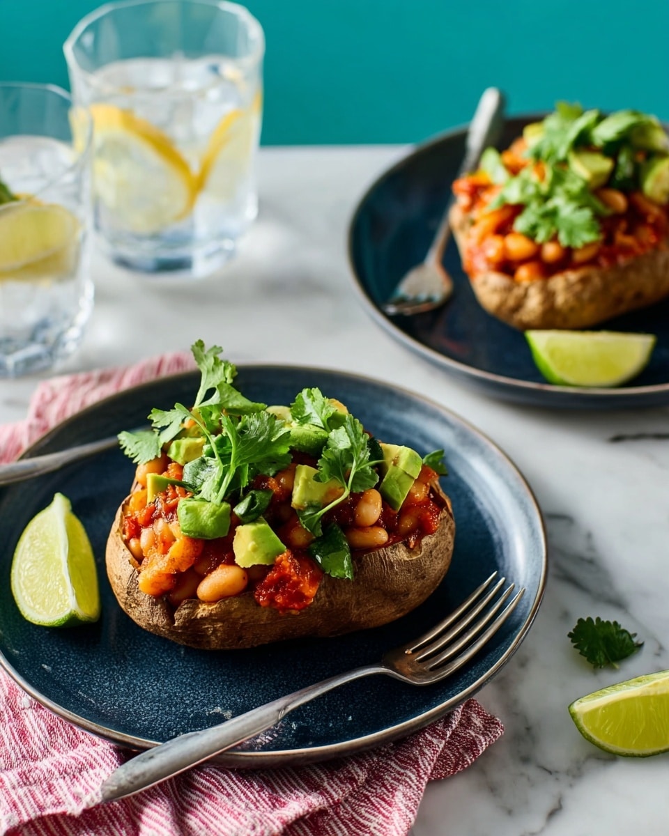 Two baked potatoes sit on dark blue plates on a white marbled surface. Each potato is topped with a layer of bright red chunky sauce mixed with white beans, followed by small chunks of green avocado and fresh green leafy herbs. A lime wedge rests beside the potato on each plate. A silver fork is placed on the edge of each plate, one near a pink and white striped cloth napkin. In the background, a clear glass with ice and lemon slices stands on the white marbled surface. Photo taken with an iphone --ar 4:5 --v 7