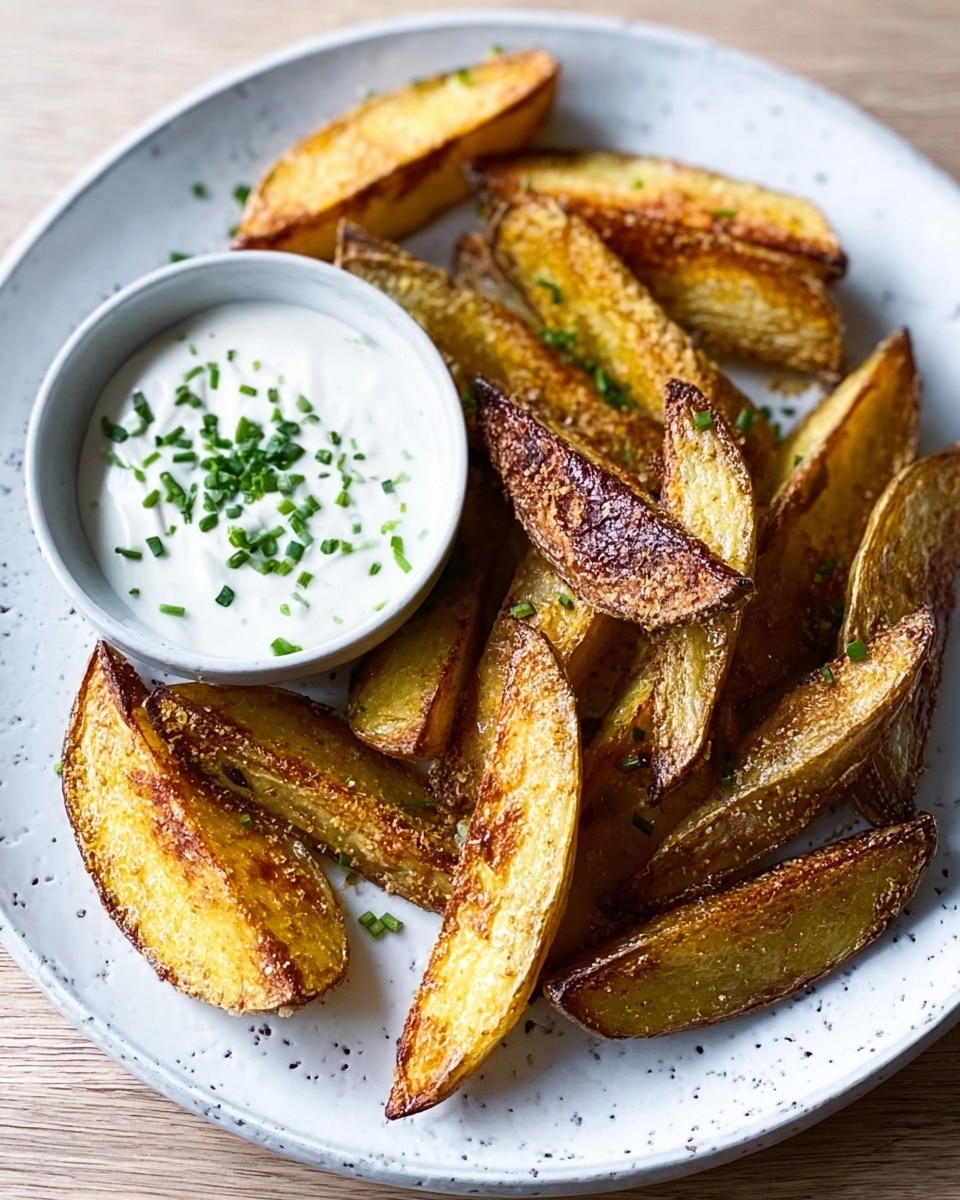 A white round plate holds a serving of thick, golden-brown potato wedges, each wedge showing a crisp, slightly rough texture and browned edges, arranged in an uneven pile mostly covering the center and right side of the plate. On the left side, there is a small white round bowl filled with creamy white sauce topped with finely chopped green herbs. The plate is set on a white marbled textured surface. photo taken with an iphone --ar 4:5 --v 7