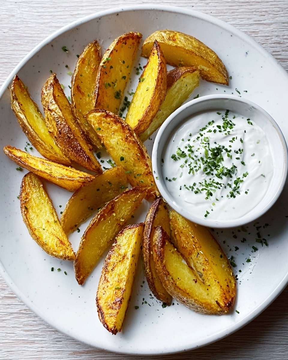 A white round plate holds about fifteen golden-brown potato wedges with crispy edges and a soft yellow inside, arranged loosely around a white bowl of creamy white dip topped with finely chopped green herbs. The plate sits on a white marbled surface that contrasts with the warm colors of the wedges. Photo taken with an iphone --ar 4:5 --v 7