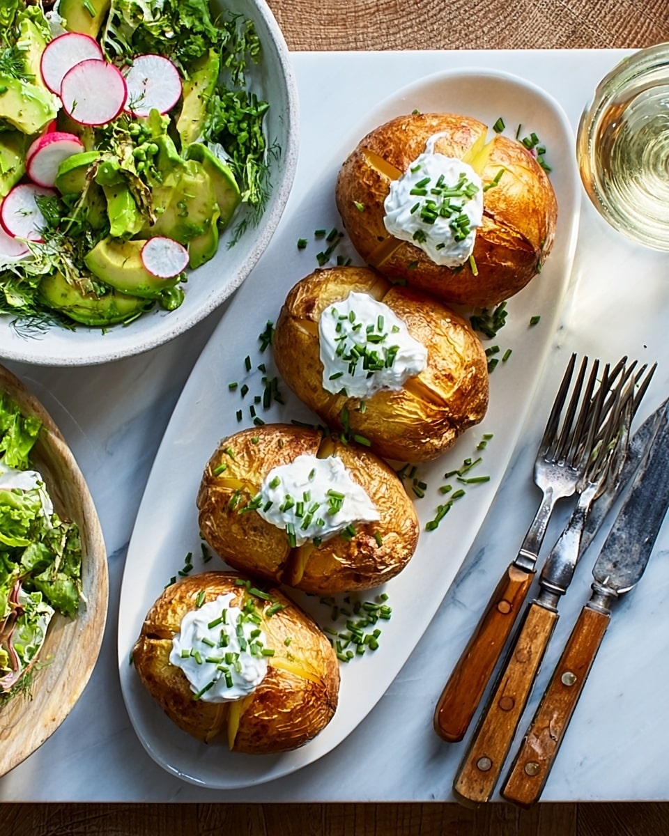 The image shows a white oval plate with six baked potatoes, each topped with a dollop of white sour cream sauce sprinkled with green herbs. The potatoes have a shiny, golden brown skin with a few of them having cross-shaped cuts on top. To the side, there is a white bowl filled with a green salad containing sliced radishes and green beans, with silver serving tongs resting inside. Next to the plate are four forks with wooden handles, and a glass of white wine is partly visible at the bottom right. The whole setting is placed on a white marbled surface. Photo taken with an iphone --ar 4:5 --v 7