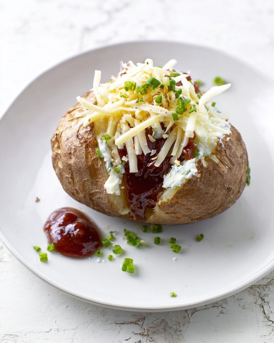 A white plate with one baked potato at the center, topped with a thick layer of white cheese chunks scattered unevenly. On top of the cheese, thin sticks of pale yellow cheese are arranged in a small mound. A generous spoonful of dark red sauce sits over the cheese, some spilling down the sides. Around the potato, a few chopped green herbs add small green dots on the white plate. The background shows a white marbled surface. photo taken with an iphone --ar 4:5 --v 7