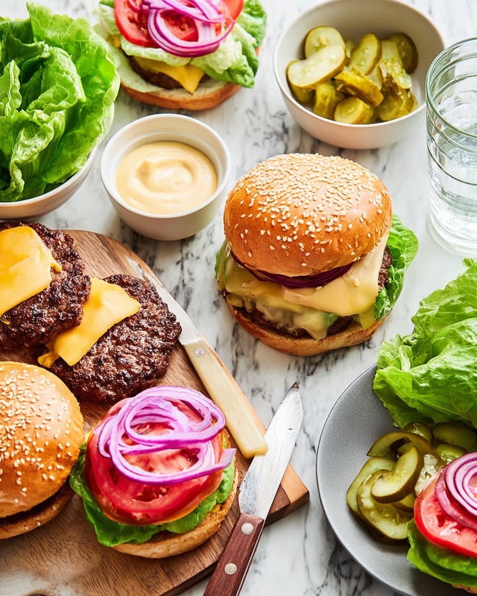 The image shows several cheeseburgers in different stages of assembly on a white marbled surface. One fully made burger is on a white sesame seed bun with layers of green lettuce, a slice of melted yellow cheese, two thick slices of purple onion, and a slice of red tomato, all on a wooden cutting board with a knife beside it. Around this are burger halves with visible layers including leafy green lettuce, dark brown grilled beef patties, melted yellow cheese, red tomato slices, and rings of purple onion. Small white bowls hold sliced pickles and a creamy yellow sauce. A clear glass with ice water and a gray plate with leafy green lettuce are also visible in the scene. The overall look is bright and fresh with a mix of colors from vegetables and meat. photo taken with an iphone --ar 4:5 --v 7