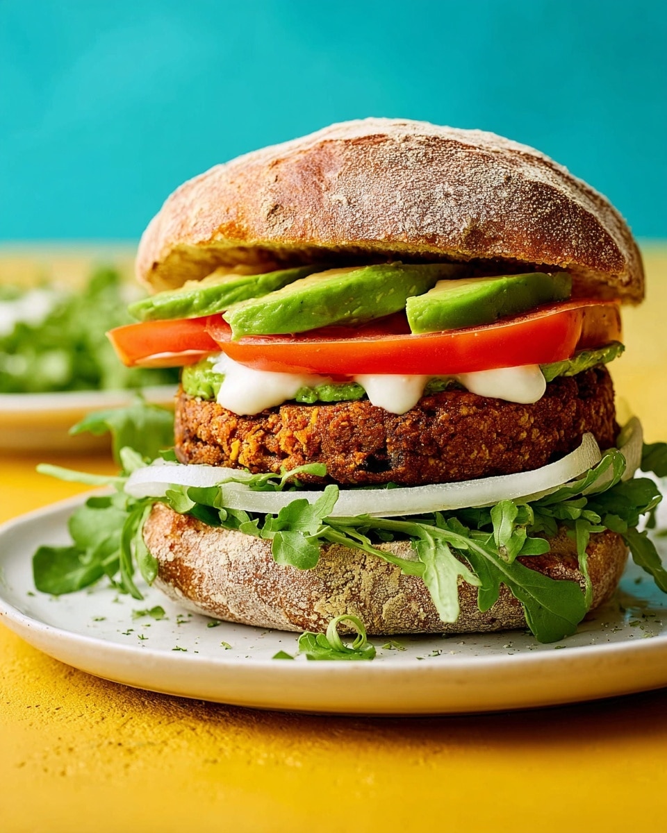 A burger is shown on a white plate with a side of green herbs and thinly sliced white onions. The burger has four layers inside a crusty, rustic bun: the bottom bun topped with fresh green leafy arugula, followed by two slices of bright red tomato, a thick, textured brown patty, and some thick green avocado slices with white dollops of creamy sauce on top. The top bun is placed slightly askew, showing the layers clearly. The plate is set on a yellow surface with a blurred, bright blue background. Photo taken with an iphone --ar 4:5 --v 7