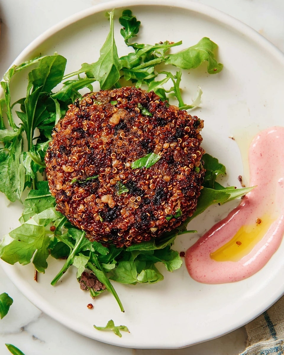 The image shows a single round quinoa patty that is browned with a rough, textured surface made of small quinoa grains and bits of green herbs. The patty sits on a bed of fresh green arugula and cilantro leaves spread loosely around it. To the right side of the white plate, there is a small smear of pink sauce mixed with a bit of yellow oil. The plate sits on a white marbled surface. photo taken with an iphone --ar 4:5 --v 7