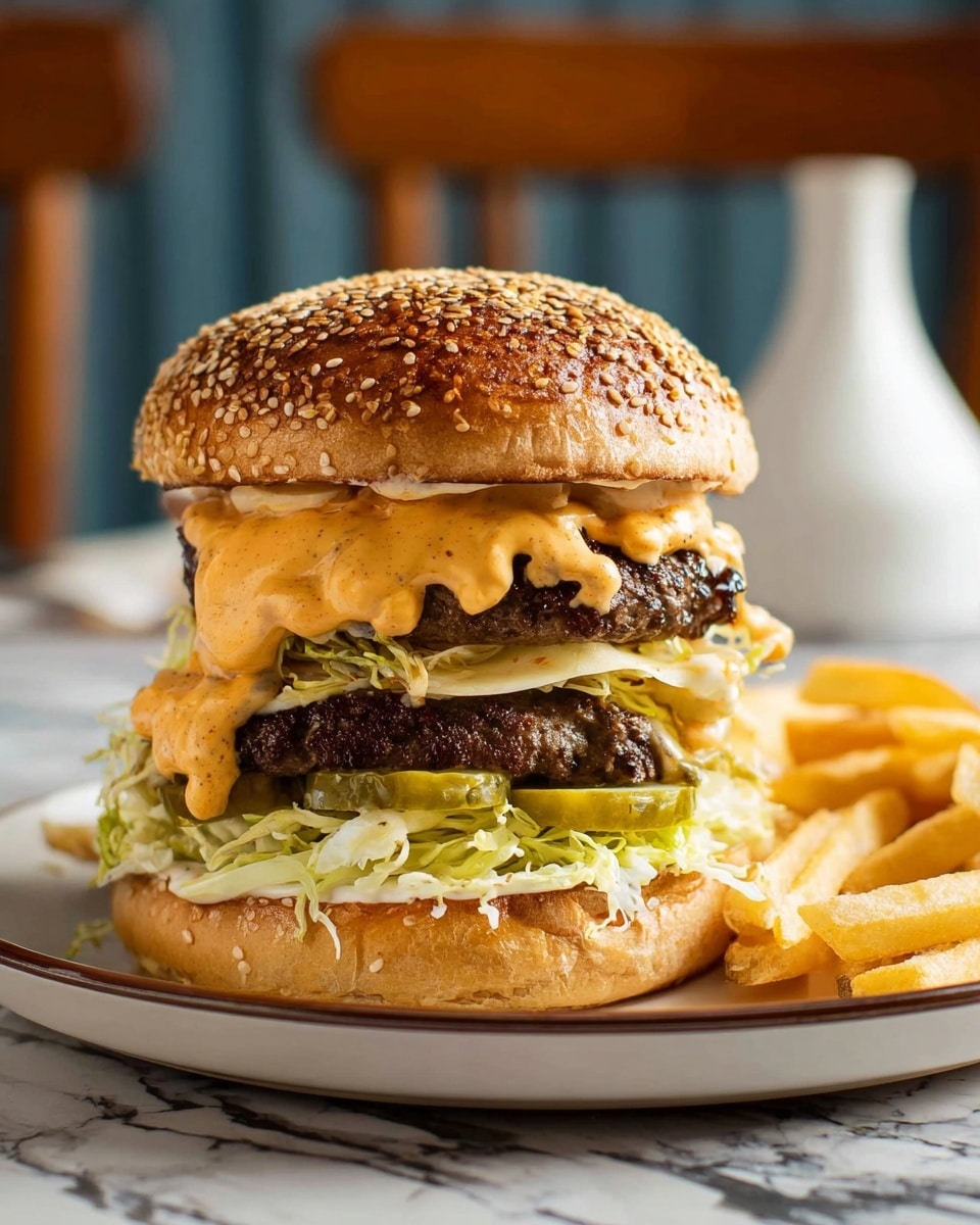 A tall burger with a sesame seed bun on top, a creamy orange sauce dripping slightly over a dark grilled beef patty, green shredded lettuce under the patty, and a toasted white sandwich bun in the middle. Below this middle bun are green pickle slices, another dark grilled beef patty, a slice of pale yellow cheese with a bit of shredded lettuce underneath it, and a thick white bottom bun spread with the same creamy orange sauce. The burger sits on a white plate with a few golden French fries to the side. The background shows a white marbled surface with a blurred chair and a white vase. Photo taken with an iphone --ar 4:5 --v 7