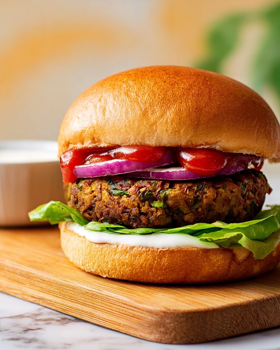 A close-up of a burger shows a soft, shiny light brown bun on top, with bright red ketchup and thick purple onion slices under it. Below the onions is a thick, textured vegetarian patty with green and brown color specks. Beneath the patty, there is a fresh green lettuce leaf followed by a layer of smooth white sauce on the bottom soft bun. The burger is placed on a wooden board against a simple background with soft colors, all on a white marbled surface. Photo taken with an iphone --ar 4:5 --v 7