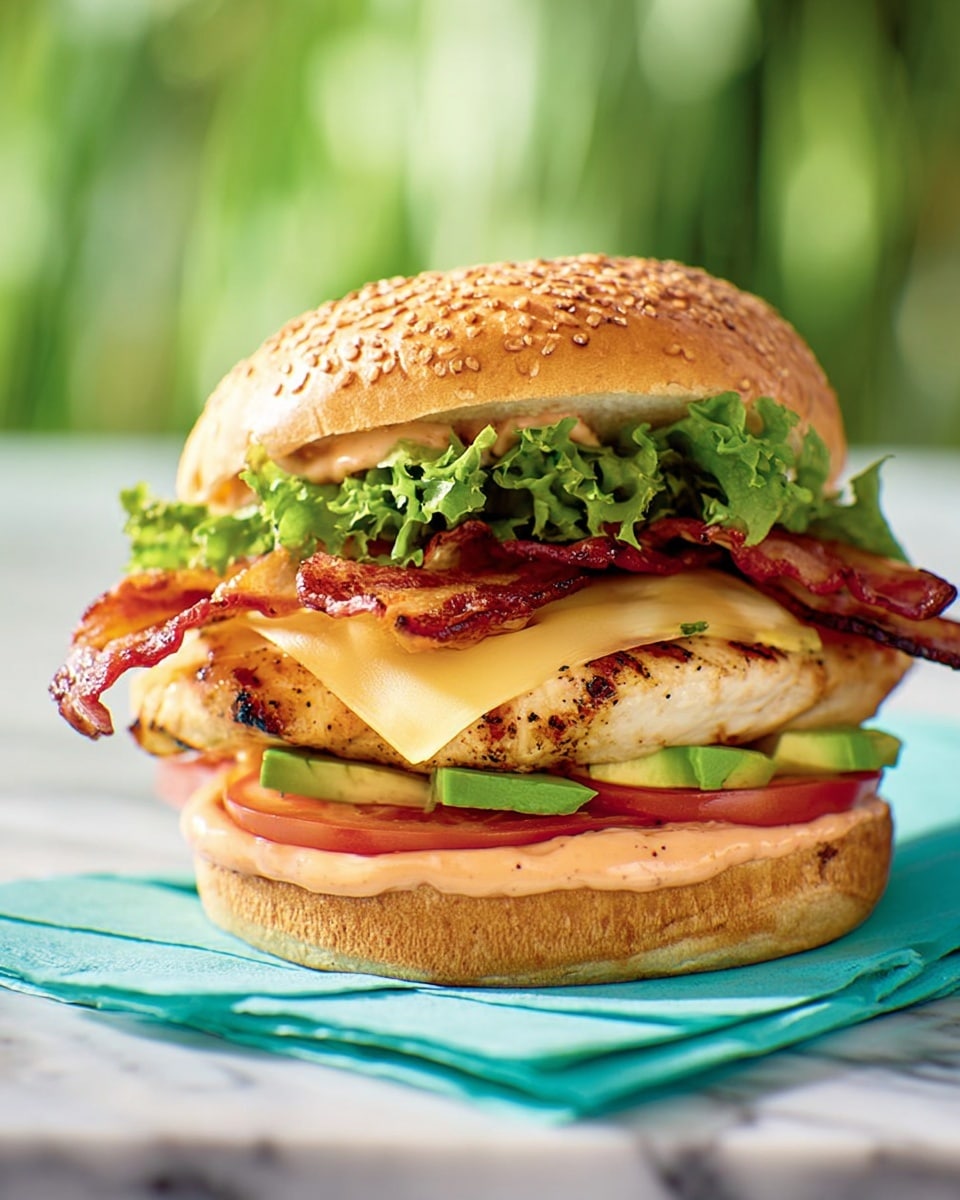 A close-up view of a chicken sandwich on a white sesame seed bun. The bottom bun has a layer of light orange sauce, followed by slices of green avocado and red tomato. On top of that is a grilled chicken breast with a slightly charred texture, covered with a slice of pale yellow cheese. Crispy, wavy bacon with a reddish-brown color rests above the cheese, topped by bright green lettuce leaves. The sandwich is placed on a turquoise napkin on a white marbled surface, with a blurred green background. Photo taken with an iphone --ar 4:5 --v 7