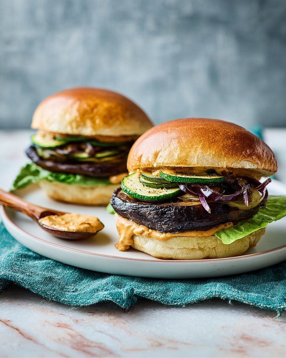 Two burgers sit on a white plate over a teal cloth on a white marbled surface. Each burger has a shiny, golden brown top bun. Below the top bun, there are thin slices of grilled green zucchini, followed by dark purple caramelized onions. Beneath the onions, a thick, dark brown portobello mushroom cap rests on a fresh green lettuce leaf. The bottom bun is toasted golden and spread with a layer of creamy orange sauce. A small wooden spoon with some sauce on it lay on the plate next to the burgers. The background is a muted gray-blue wall. photo taken with an iphone --ar 4:5 --v 7