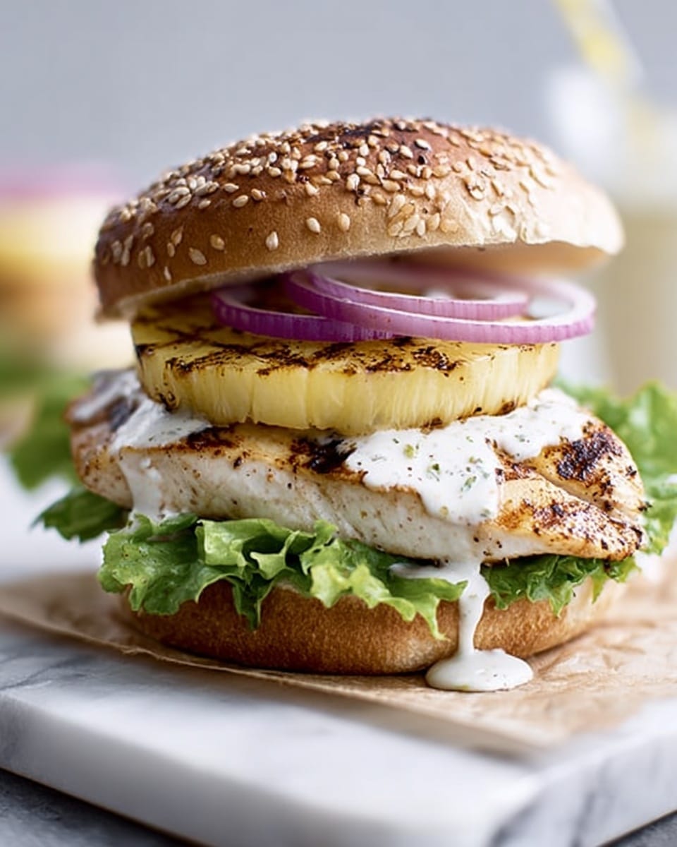 The image shows a burger with a sesame seed bun on a white marbled surface. The bottom bun has a fresh green lettuce leaf, topped with a grilled white chicken breast that has visible char marks. On top of the chicken is a slice of grilled pineapple that has a light yellow color with some browning. Thin rings of purple onion rest above the pineapple, followed by the top sesame bun slightly tilted. White sauce is dripping from the chicken onto the bottom bun. The background is softly blurred. Photo taken with an iphone --ar 4:5 --v 7