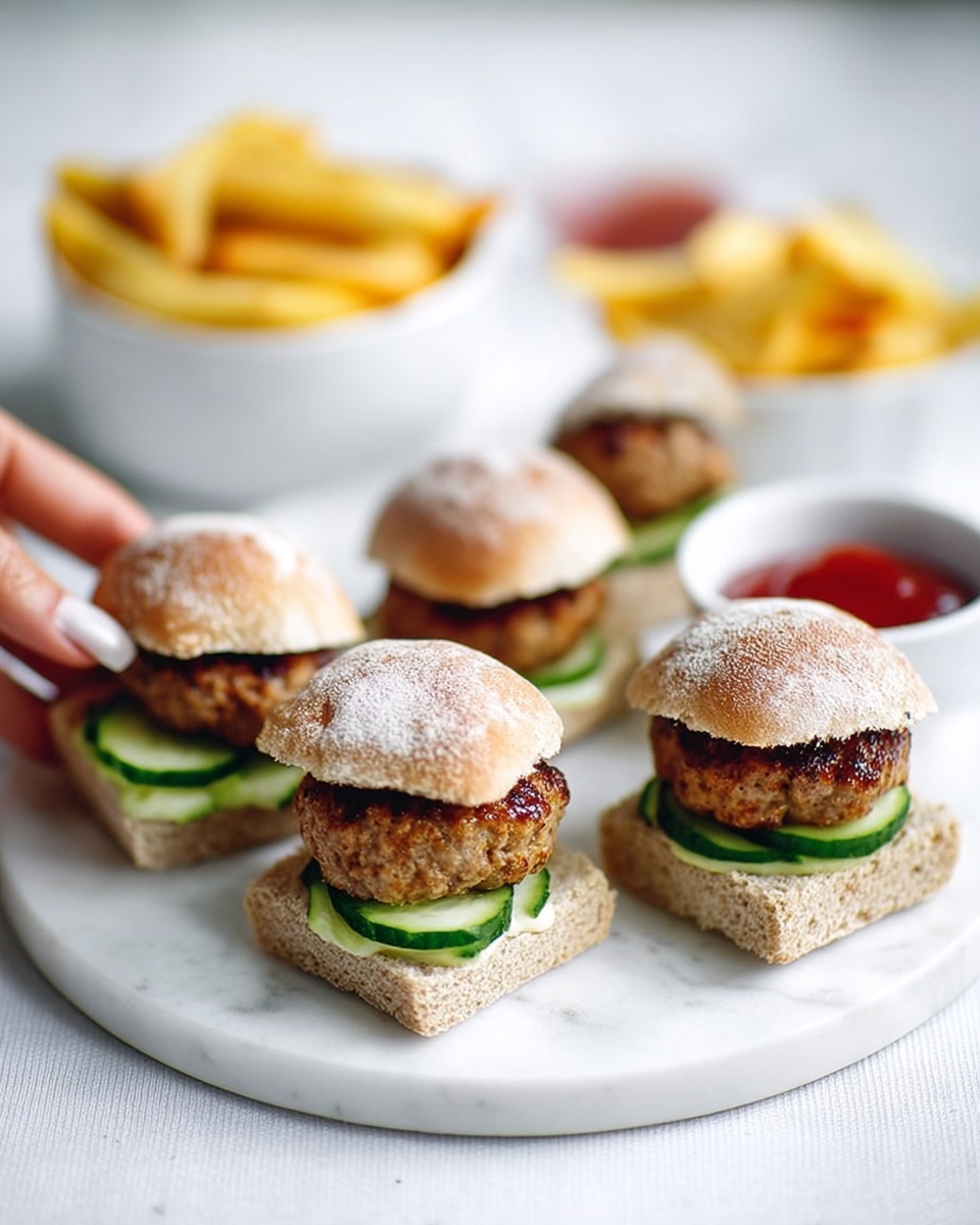 The image shows four small burgers placed on a large white plate with a white marbled texture beneath. Each burger has a bottom layer of a square whole grain bun, topped with thin, round slices of fresh cucumber. Above the cucumbers sits a thick, golden-brown grilled meat patty. The top layer is a round whole grain bun dusted lightly with flour, slightly puffed and covering the patty. In the background, there is a white bowl filled with golden fries, and a small white ramekin with red ketchup. A woman's hand is holding one burger from the plate. Photo taken with an iphone --ar 4:5 --v 7
