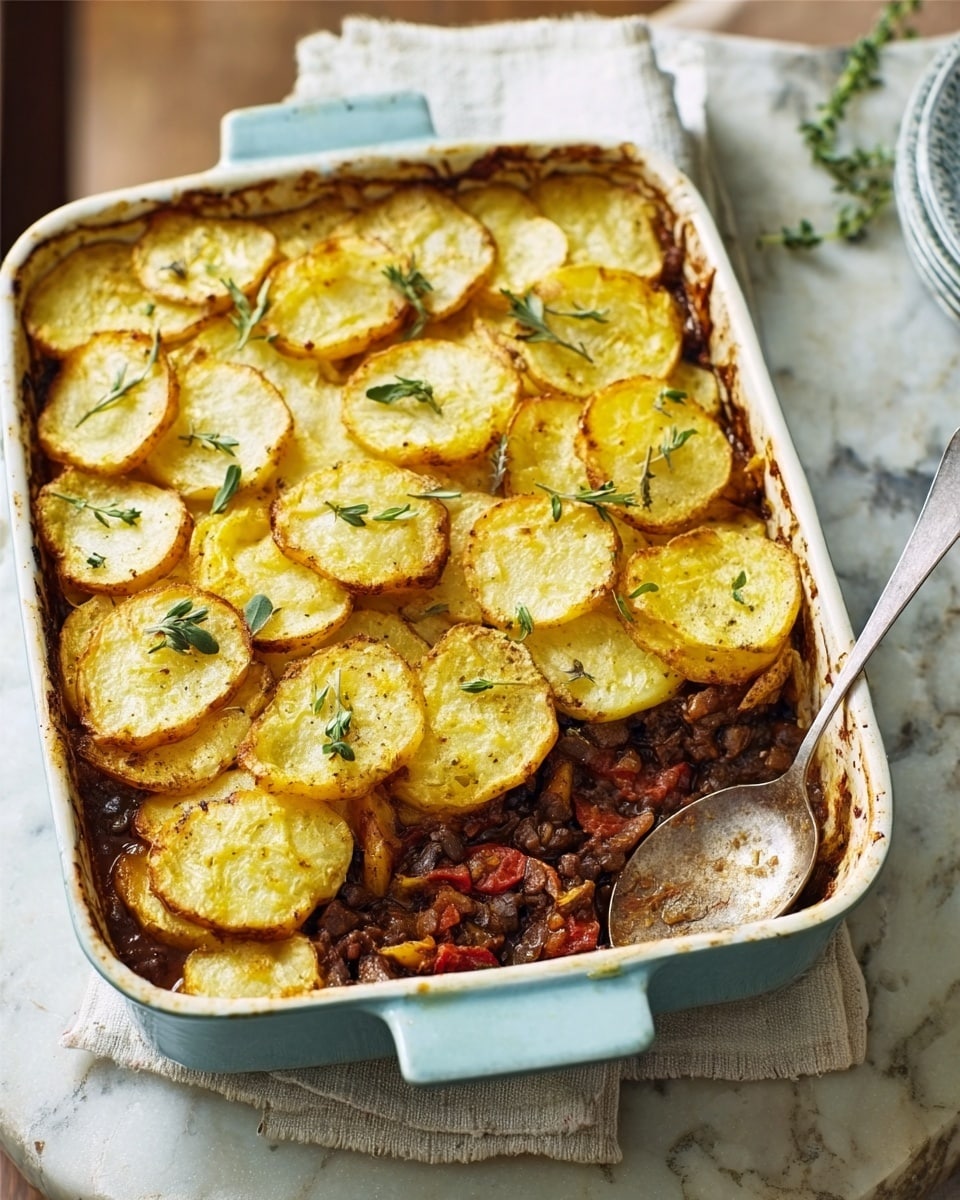 The image shows a light blue rectangular baking dish filled with a layered casserole on a white marbled surface. The casserole has two visible layers: the bottom layer is chunky and dark brown with pieces of red and green vegetables, while the top layer is made of thin, round slices of golden yellow potatoes, some browned and crispy around the edges. Small green herb sprigs are scattered on the potato slices. A large silver spoon rests on the edge of the dish. The photo has a rustic feel with soft natural light. photo taken with an iphone --ar 4:5 --v 7