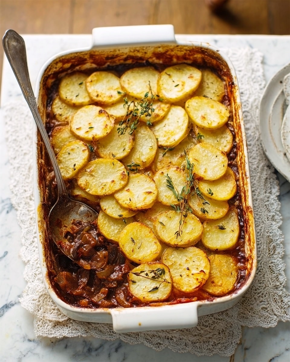 A baked dish in a white rectangular ceramic dish, with two visible layers: the bottom layer is a rich, dark brown with a chunky texture that looks like cooked vegetables and sauce, while the top layer consists of thinly sliced pale yellow potatoes arranged evenly, some slightly browned and sprinkled with herbs like thyme. A large metal serving spoon rests inside the dish on the left side. The dish sits on a white marbled surface with a delicate cloth underneath photo taken with an iphone --ar 4:5 --v 7