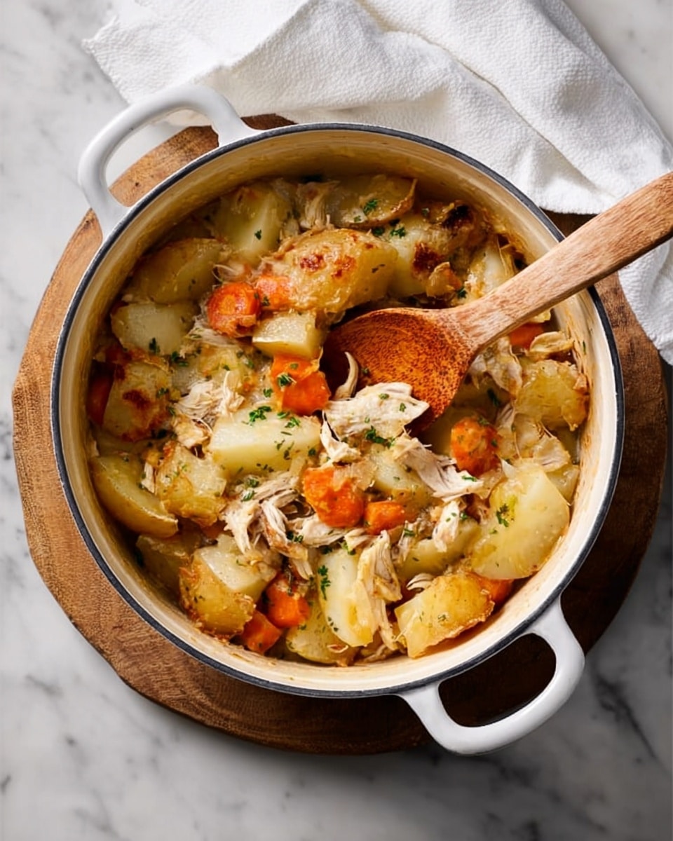 A white round pot with two handles containing a stew made of several layers: on the bottom, chunks of cooked potatoes with soft golden-brown edges and orange carrot slices; mixed with shredded light-colored chicken pieces scattered throughout; some small green herbs sprinkled on top; a wooden spoon resting inside the pot partially lifting some of the stew; the pot is placed on a round wooden board over a white marbled surface with a white cloth nearby. photo taken with an iphone --ar 4:5 --v 7