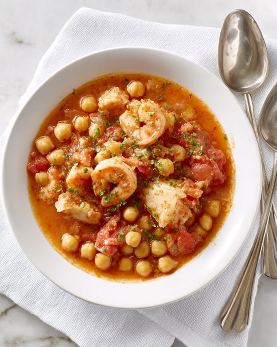 A white shallow round bowl filled with a stew that has three main layers visible: the bottom layer is a thin broth with a reddish-orange color, the middle layer has chickpeas that are light beige and round, and the top layer includes chunks of white fish and shrimp that are pink-orange, all mixed with diced tomatoes in a red sauce and sprinkled with small green herb pieces on top. The bowl sits on a white marbled surface with a folded white cloth under it, and to the right of the bowl are two shiny metal spoons. photo taken with an iphone --ar 4:5 --v 7